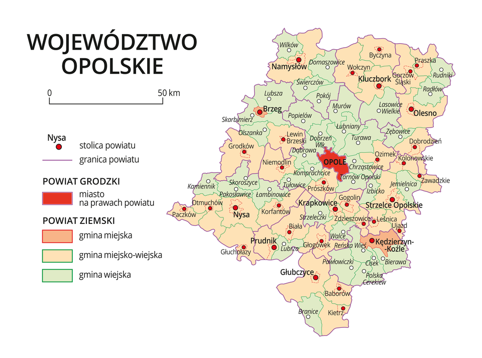 Mapa województwa opolskiego. Na mapie fioletowymi liniami zaznaczono granice powiatów ziemskich, dużymi czerwonymi kropkami zaznaczono miasta będące stolicami powiatów. W obrębie powiatów ziemskich kolorami wyróżniono gminy miejskie, miejsko-wiejskie i wiejskie. Czerwonym kolorem wyróżniono powiaty grodzkie z miastami na prawach powiatu, miasta te opisano dużymi literami. Kolory i znaki użyte na mapie opisano w legendzie. W legendzie podziałka liniowa.