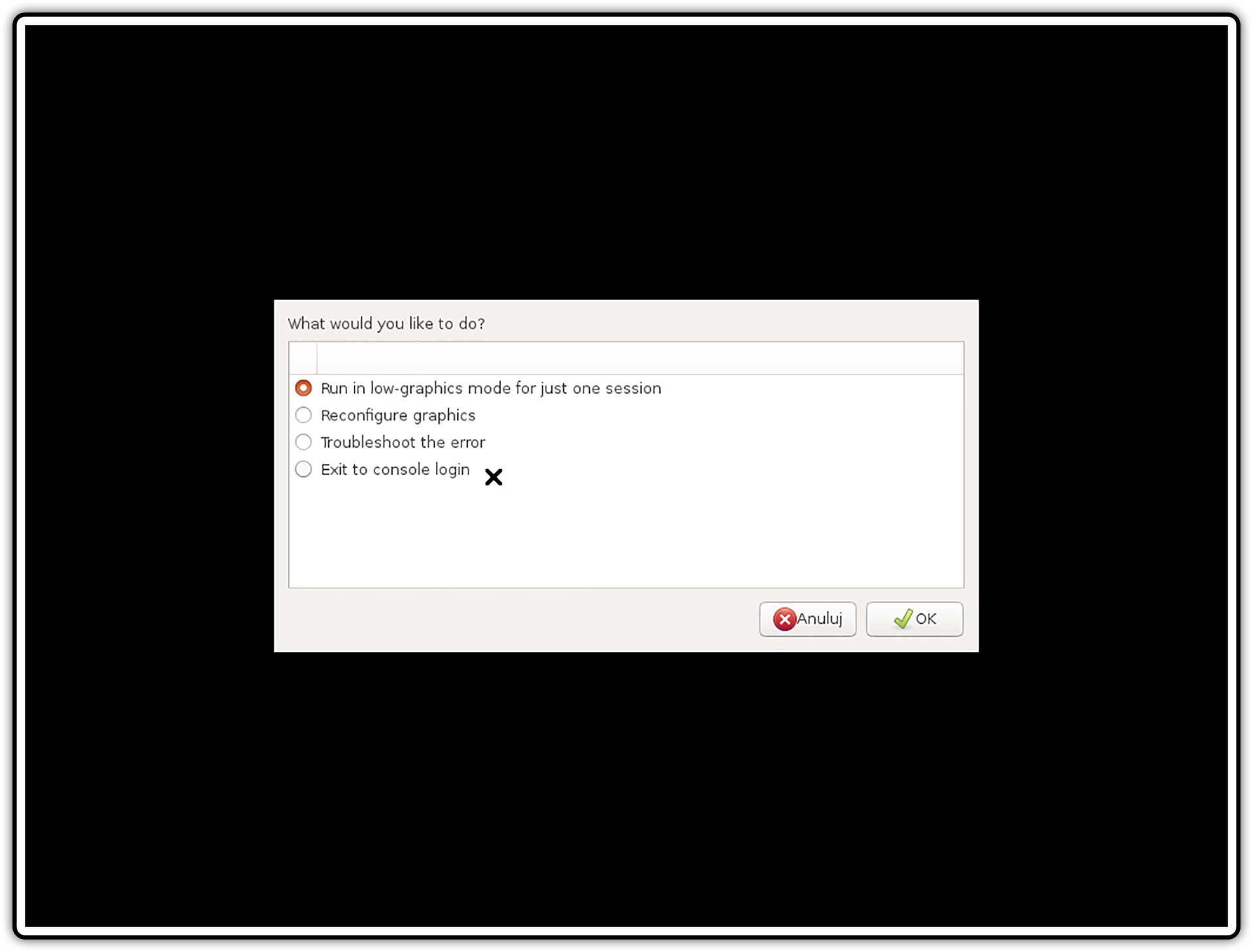 Ilustracja przedstawiająca: Okno 2 procesu uruchamiania w bezpiecznym trybie graficznym w systemie Linux Ubuntu