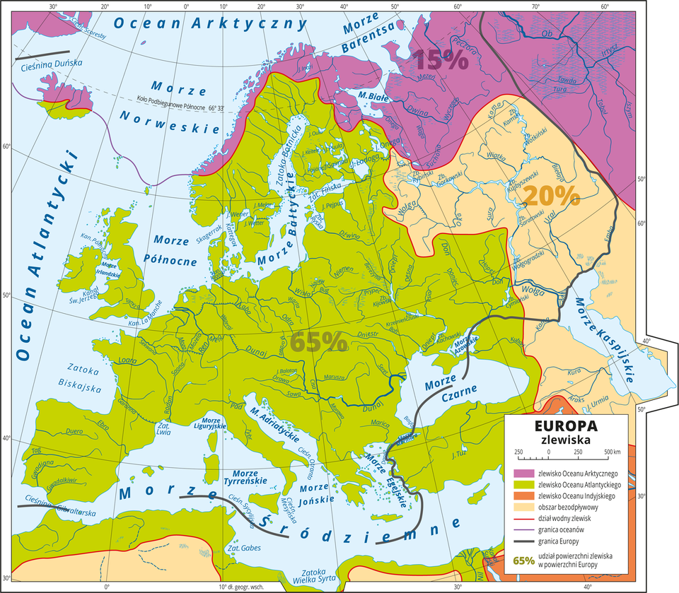 Ilustracja przedstawia mapę Europy. Kolorami przedstawiono: zlewisko Oceanu Atlantyckiego w przeważającej części kontynentu (65 procent), zlewisko Oceanu Arktycznego na północy kontynentu (15 procent), obszar bezodpływowy we wschodniej części kontynentu (20 procent), zlewisko Oceanu Indyjskiego (niewielki obszar nie obejmuje terenu Europy). Na mapie zaznaczono: dział wodny zlewisk, granice oceanów i granice Europy. Mapa pokryta jest równoleżnikami i południkami. Dookoła mapy w białej ramce opisano współrzędne geograficzne co dziesięć stopni. W legendzie umieszczono i opisano kolory użyte na mapie.