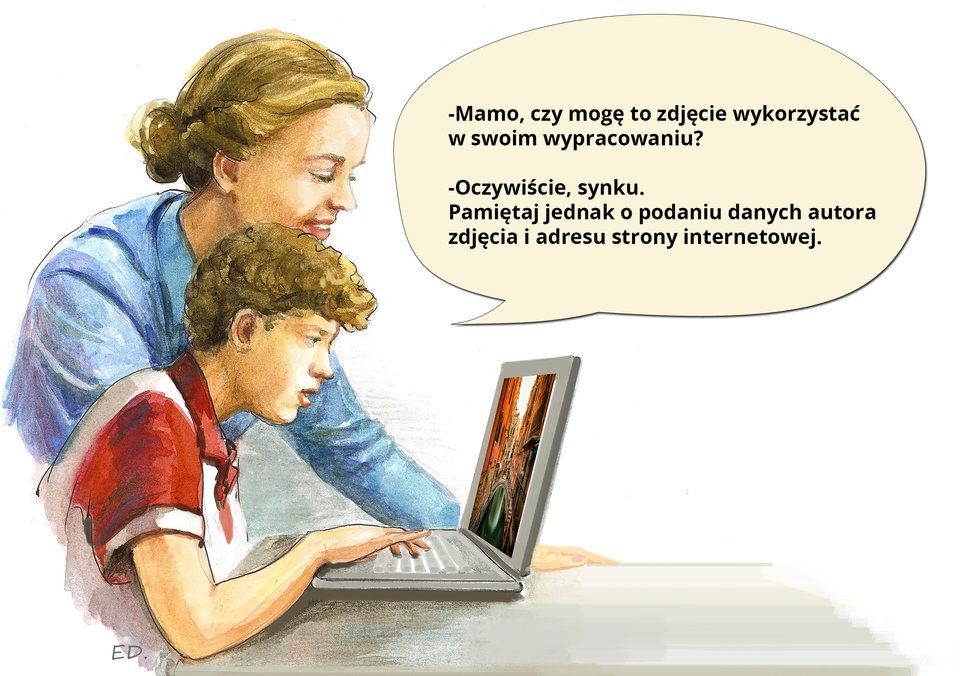 Ilustracja przedstawiająca syna z mamą rozmawiających na temat korzystania z zasobów Internetu zgodnie z prawem autorskim