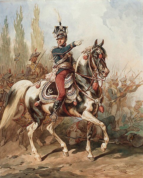 Akwarela Juliusza Kossaka przedstawia Generała Jana Henryka Dąbrowskiego na czele Legionów. Akwarela Juliusza Kossaka przedstawia Generała Jana Henryka Dąbrowskiego na czele Legionów. Źródło: Juliusz Kossak, 1882, akwarela, Zakład Narodowy im. Ossolińskich, domena publiczna.