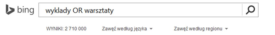 Zrzut paska wyszukiwarki Bing z wpisanymi słowami kluczowymi i operatorem logicznym OR