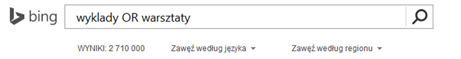 Zrzut paska wyszukiwarki Bing z wpisanymi słowami kluczowymi i operatorem logicznym OR