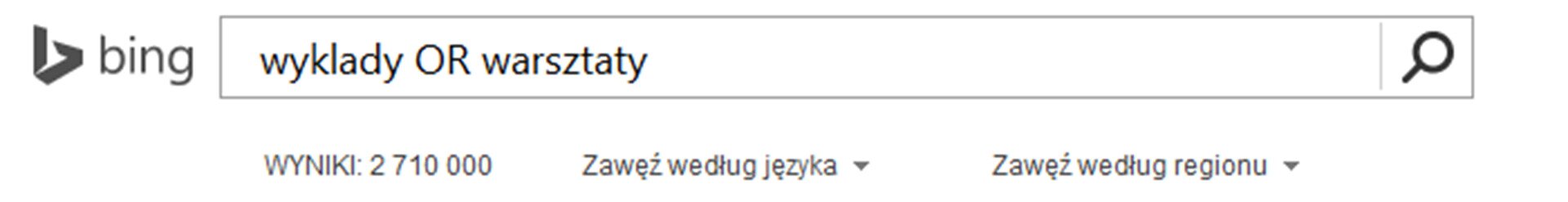 Zrzut paska wyszukiwarki Bing z wpisanymi słowami kluczowymi i operatorem logicznym OR