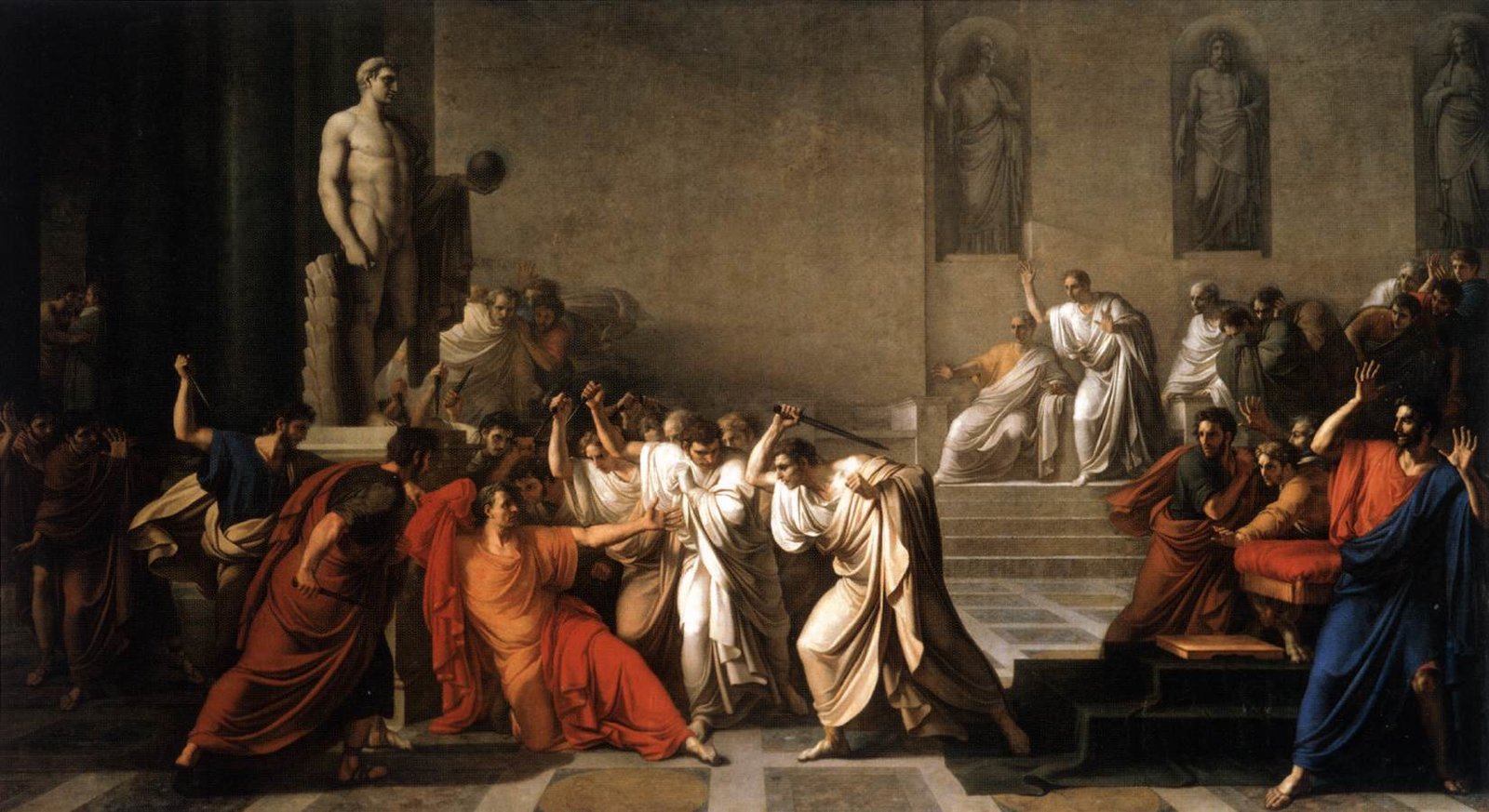 Zabójstwo Cezara Tak scenę zamordowania Cezara przedstawił malarz na początku XIX stulecia Źródło: Vincenzo Camuccini, Zabójstwo Cezara, 1805, olej na płótnie, domena publiczna.