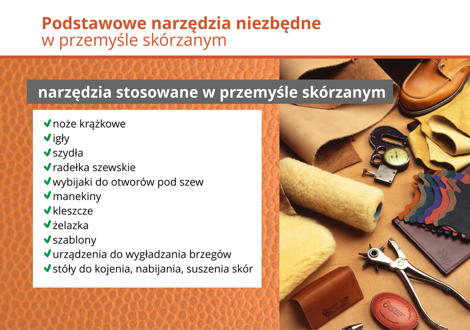 Ilustracja przedstawia narzędzia stosowane w przemyśle skórzanym.