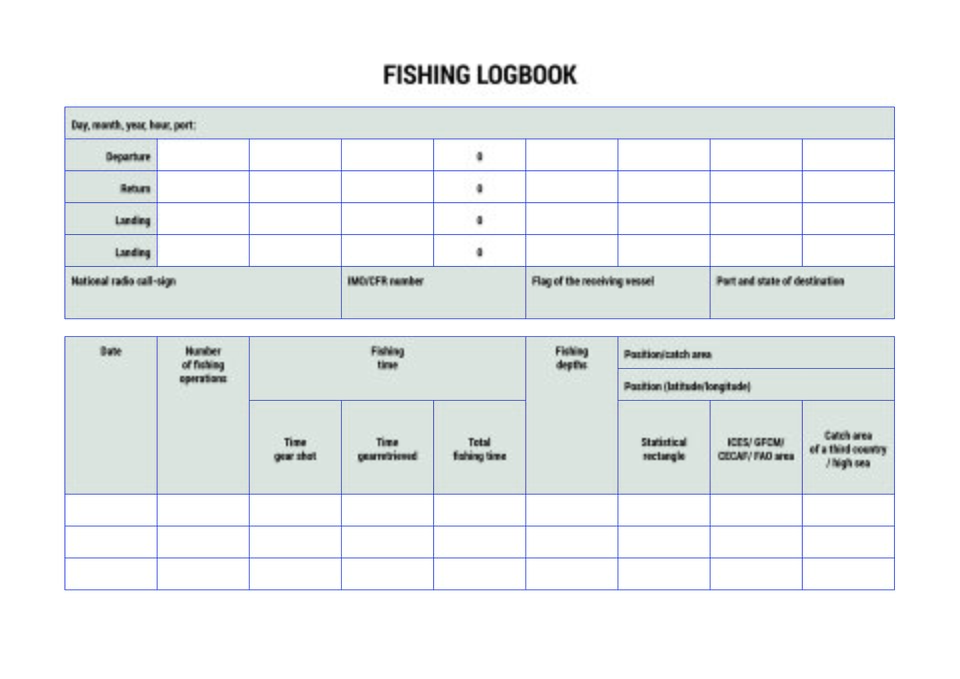 The material presents a fragment of a fishing logbook document on paper, with a filled-in shipping vessel’s landing declaration in the case of a failure of the electronic logbook. Materiał przedstawia fragment dokumentu papierowego dziennika połowowego z deklaracją wyładunkową statku rybackiego wypełnianego w przypadku awarii dziennika elektronicznego.