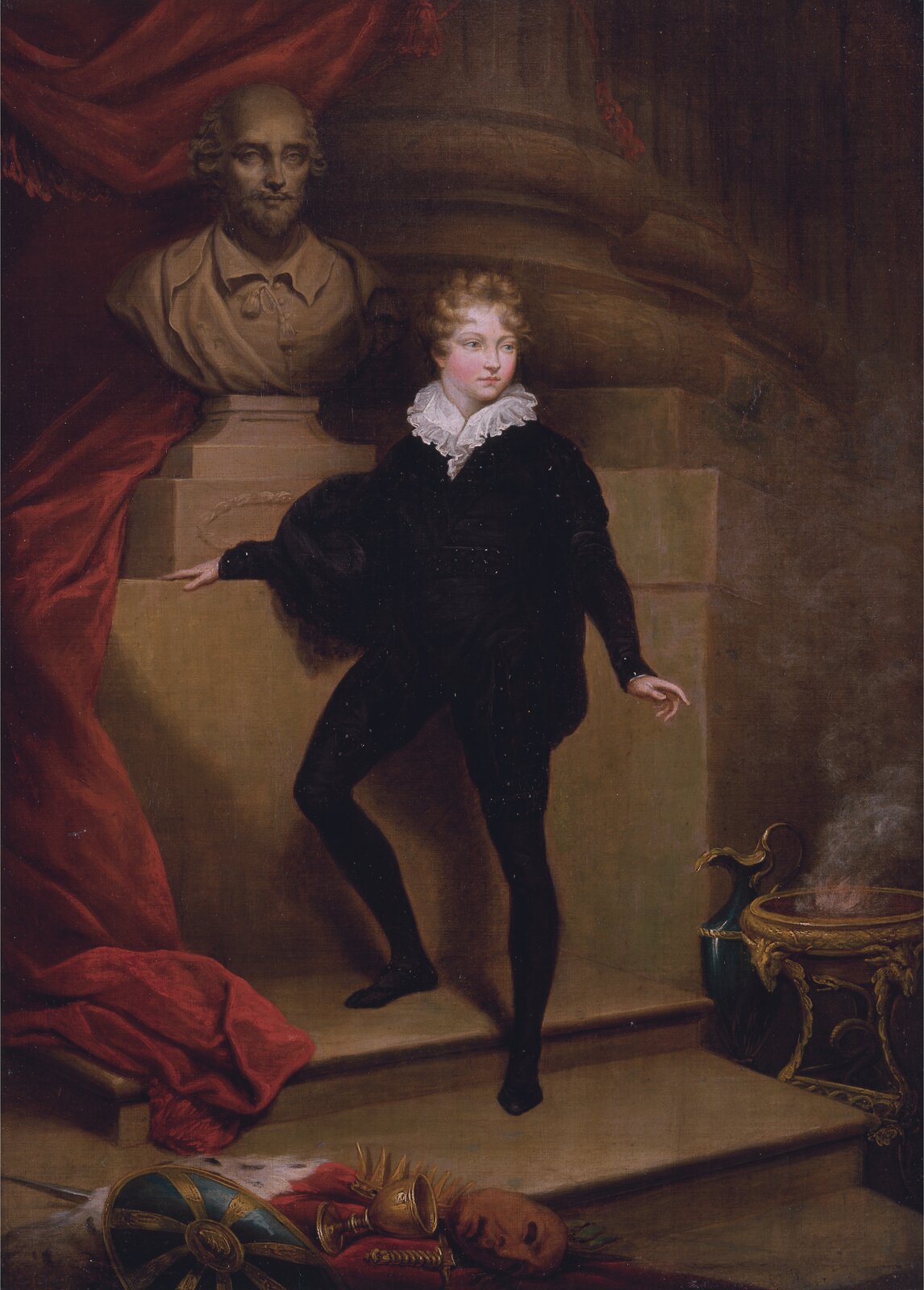 Master Betty jako Hamlet przed popiersiem Shakespeare’a Źródło: James Northcote, Master Betty jako Hamlet przed popiersiem Shakespeare’a, ok. 1804–1806, olej na płótnie, Yale Center for British Art, licencja: CC 0 1.0.