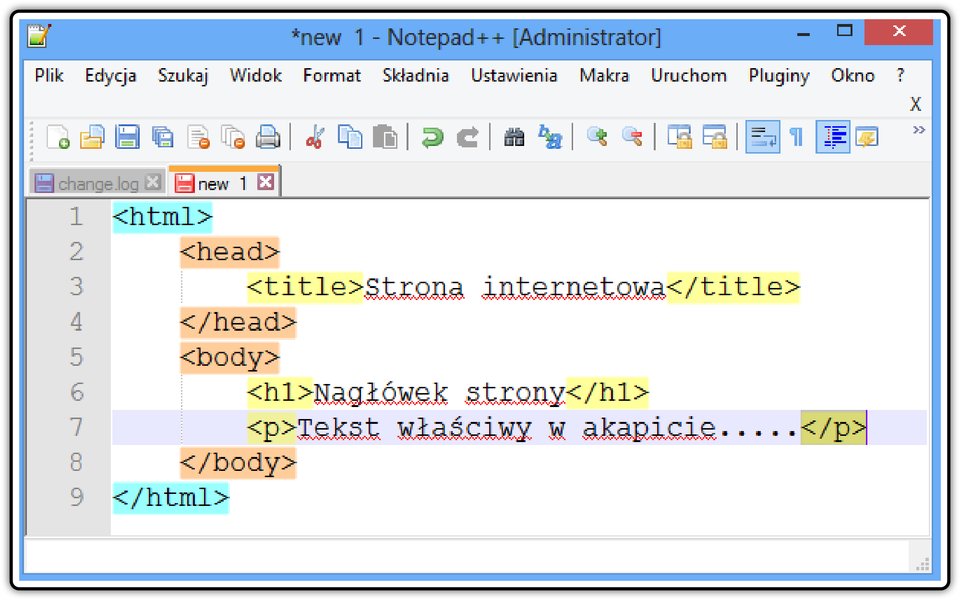 Zrzut okna edytora Notepad++ z widocznymi kolorowymi znacznikami