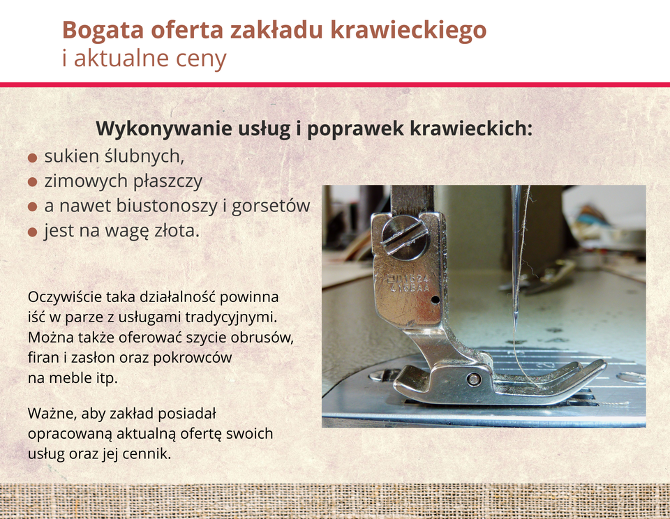 Oferta zakładu krawieckiego w zakresie szycia oraz poprawiania wyrobów odzieżowych, ceny tych wyrobów oraz dane kontaktowe.