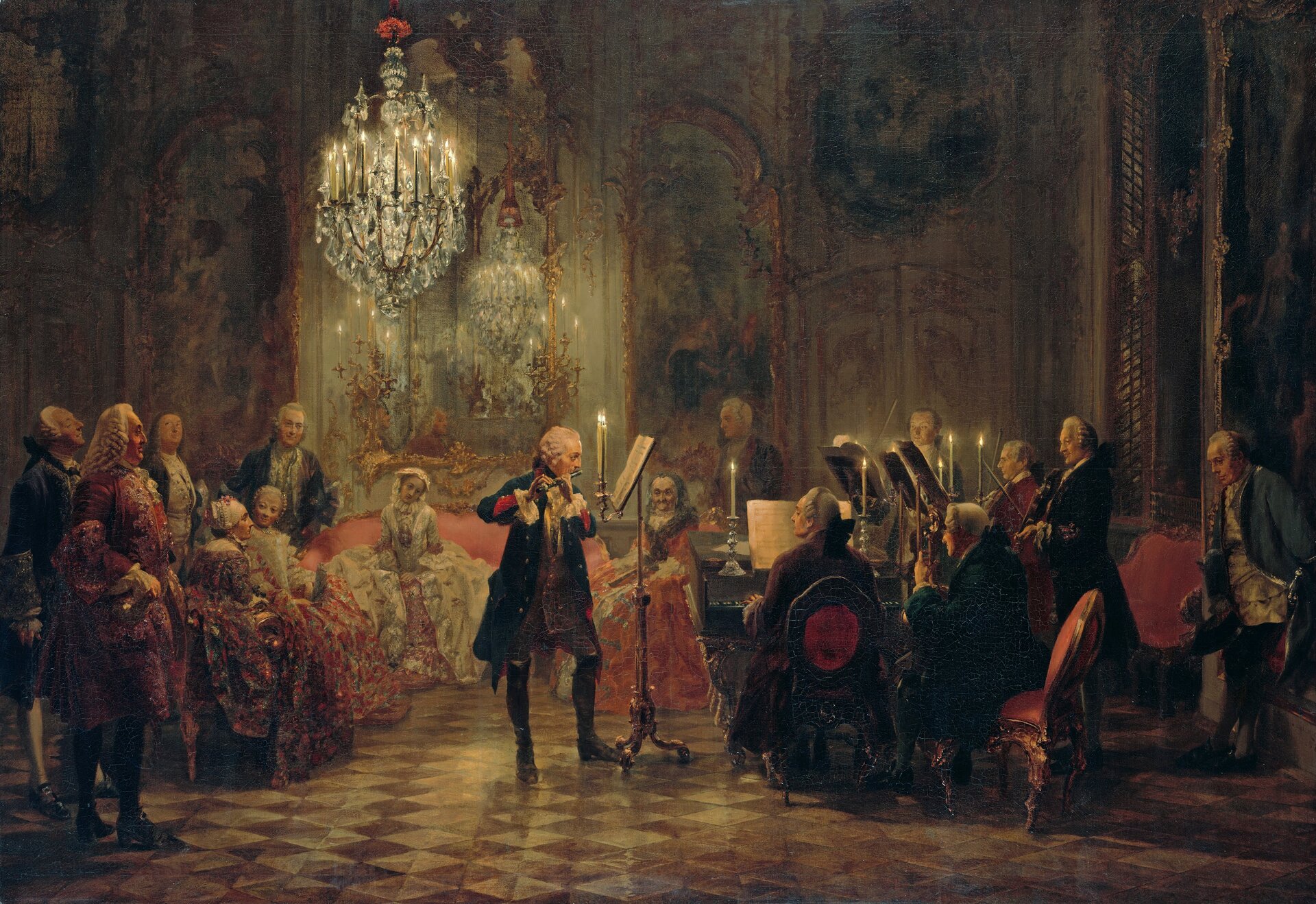 Johann Joachim Quantz Koncert G minor na flet, smyczki i basso continuo. Wyk. Johannes Walter i Drezdeńska Orkiestra Kameralna Słynny obraz Adolpha Menzla przedstawiający koncert fletowy Fryderyka II w Sanssouci. W centrum król pruski, obok akompaniuje mu na klawesynie Johann Joachim Quantz (1697-1773), niemiecki flecista i kompozytor, także specjalista od budowy instrumentów. Zatrudniony przez króla polskiego Augusta II na dworze w Dreźnie, gdzie poznał Fryderyka II i stał się jego nauczycielem. Później dożywotnio pracował na dworze pruskim. To jego utwory wykonywał osobiście przed wąskim gronem zaufanych w pałacu Sanssouci w Poczdamie Fryderyk II. Źródło: Adolph Menzel, Johann Joachim Quantz Koncert G minor na flet, smyczki i basso continuo. Wyk. Johannes Walter i Drezdeńska Orkiestra Kameralna, 1850-1852, olej na płótnie, Alte Nationalgalerie, domena publiczna.