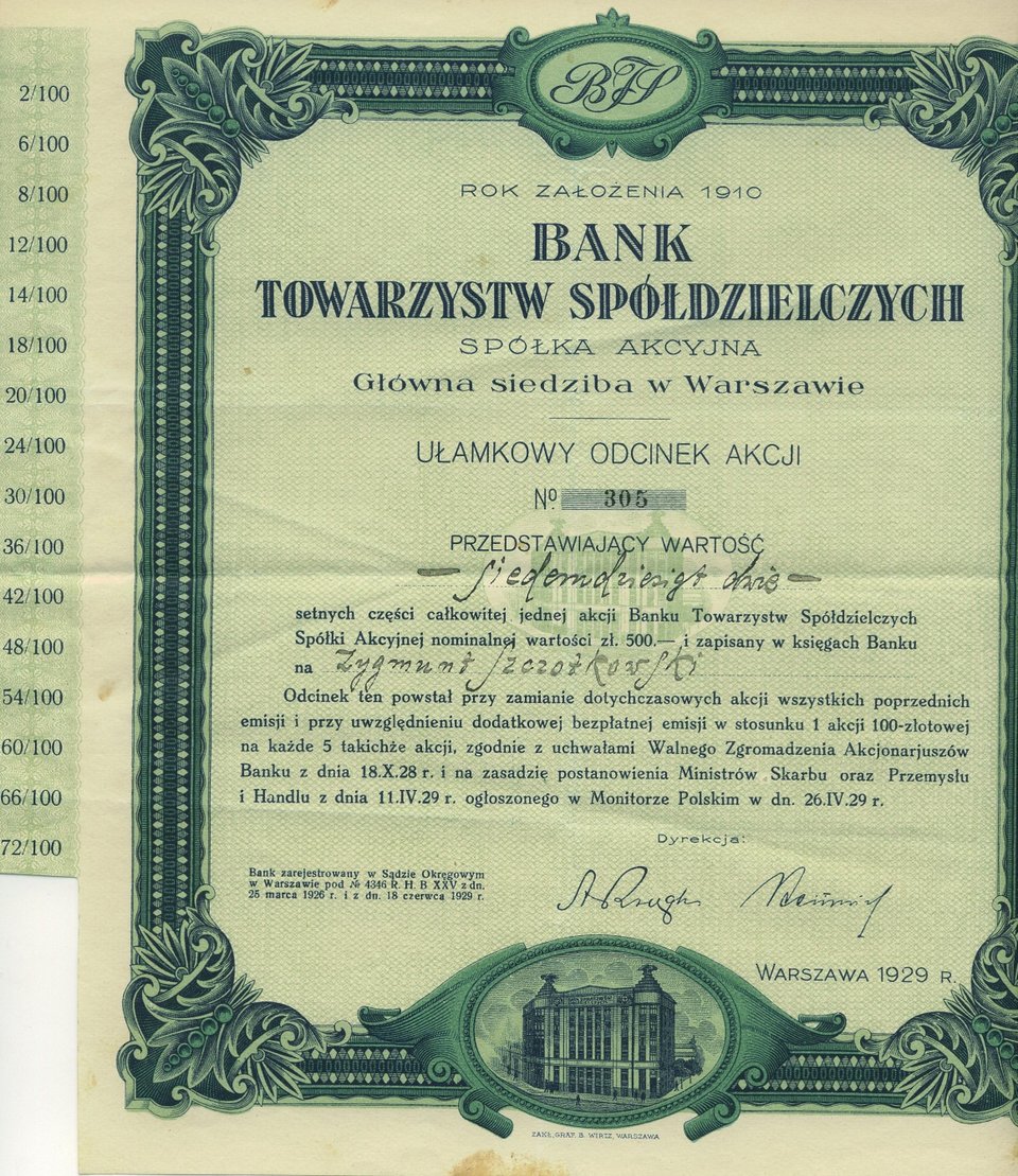 Akcja Banku Towarzystw Spółdzielczych z 1929 roku Źródło: Julo, Akcja Banku Towarzystw Spółdzielczych z 1929 roku, licencja: CC BY-SA 2.5.