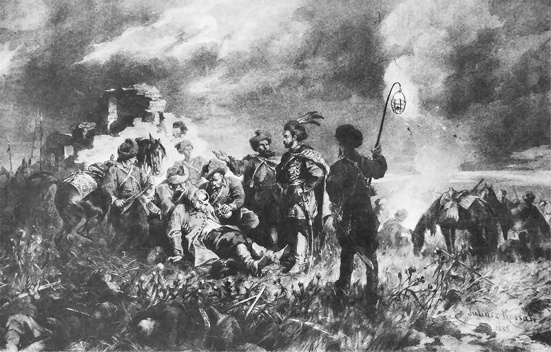 Spotkanie Skrzetuskiego z Chmielnickim na Dzikich Polach Źródło: Juliusz Kossak, Spotkanie Skrzetuskiego z Chmielnickim na Dzikich Polach, 1886, rysunek: sepia i piórko, domena publiczna.