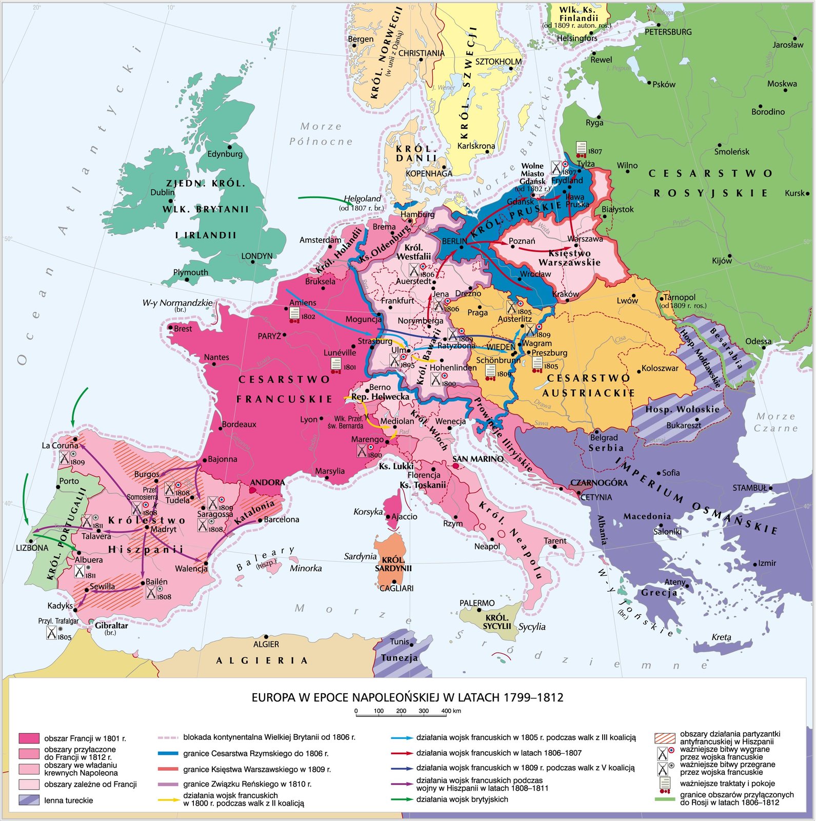 mapa Europy w epoce napoleońskiej w latach 1799 - 1812