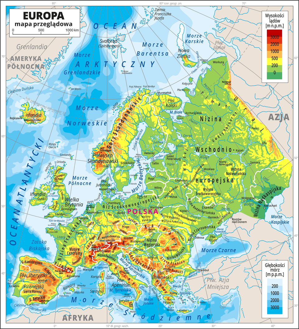 Ilustracja przedstawia mapę hipsometryczną Europy. W obrębie lądów występują obszary w kolorze zielonym, żółtym, pomarańczowym i czerwonym. Morza zaznaczono kolorem niebieskim. Kontynent europejski zajmuje centralną część mapy. Sąsiadujące z Europą widoczne na mapie części innych kontynentów zaznaczono kolorem beżowym. Na mapie opisano nazwy kontynentów, półwyspów, wysp, głównych nizin, wyżyn i pasm górskich, oceanów, mórz, głównych rzek i jezior. Oznaczono białymi kropkami i opisano główne miasta. Mapa pokryta jest równoleżnikami i południkami. Dookoła mapy w białej ramce opisano współrzędne geograficzne co dziesięć stopni. Po prawej stronie mapy na górze w legendzie umieszczono prostokątny pionowy pasek. Pasek podzielono na siedem części. U góry – czerwony i ciemnopomarańczowy, dalej pomarańczowy, jasnopomarańczowy i żółty, jasnozielony i ciemnozielony. Opisano poziomice: zero metrów (poziom morza), dwieście metrów powyżej poziomu morza, pięćset metrów powyżej poziomu morza, tysiąc metrów powyżej poziomu morza, dwa tysiące metrów powyżej poziomu morza, trzy tysiące metrów powyżej poziomu morza. Po prawej stronie mapy na dole w legendzie umieszczono prostokątny pionowy pasek. Pasek podzielono na pięć części. Odcieniami koloru niebieskiego oznaczono głębokości mórz. W legendzie opisano izobaty: dwieście metrów poniżej poziomu morza, tysiąc metrów poniżej poziomu morza, dwa tysiące metrów poniżej poziomu morza, trzy tysiące metrów poniżej poziomu morza.