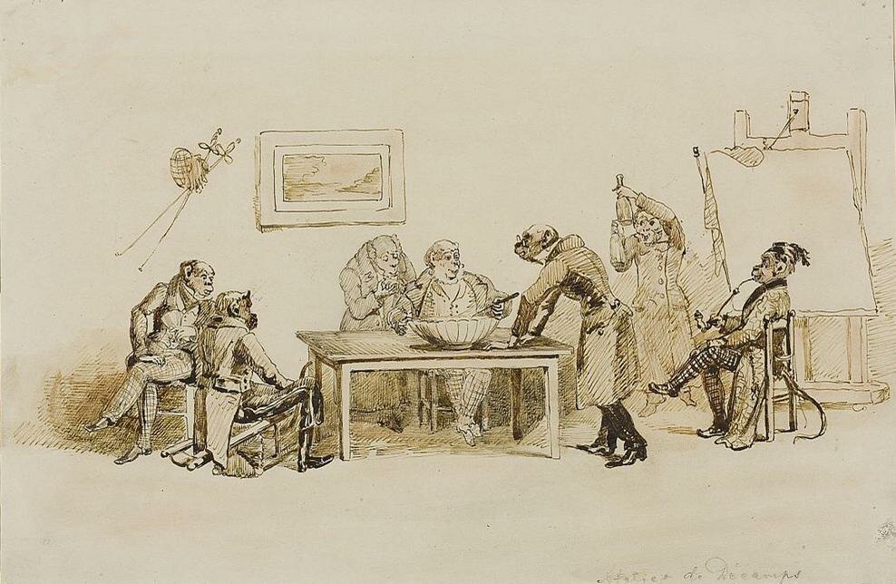 Małpy w pracowni malarskiej Źródło: Jean Ignace Isidore Gérard, Małpy w pracowni malarskiej, ok. 1832, atrament, tusz, sangwina na papierze, Muzeum Narodowe w Warszawie, domena publiczna.