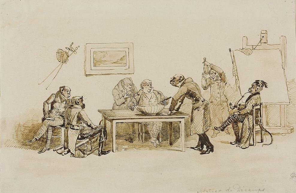 Małpy w pracowni malarskiej Źródło: Jean Ignace Isidore Gérard, Małpy w pracowni malarskiej, ok. 1832, atrament, tusz, sangwina na papierze, Muzeum Narodowe w Warszawie, domena publiczna.