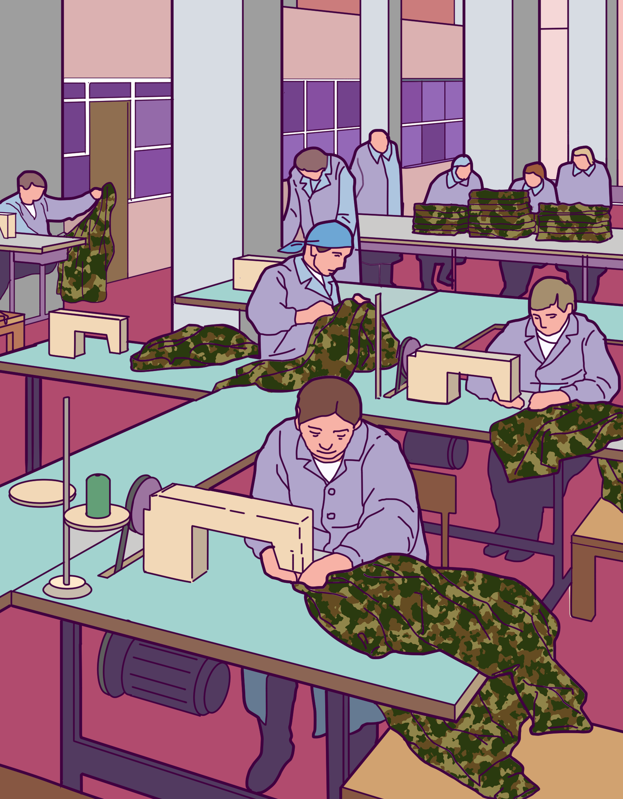 Kolorowa ilustracja przedstawia wnętrze zakładu produkcyjnego. W hali produkcyjnej ustawione są maszyny do szycia. Przy każdym stole z maszyną do szycia kobieta szyje mundury wojskowe. W głębi hali stół. Na stole ułożone w stos mundury.