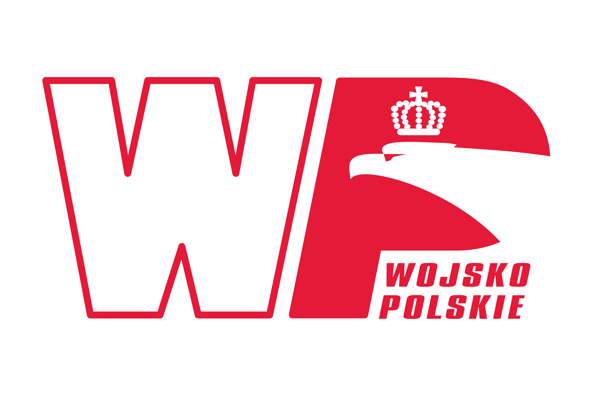 Ilustracja przedstawia biało-czerwone logo Wojska Polskiego. Logo to dwie litery. Po lewej litera W, po prawej litera P. Litera po lewej to biała litera z czerwoną obwódką. Litera P w kolorze czerwonym. W części zaokrąglonej litery P szyja i głowa orła białego. Na głowie orła korona. Orzeł zwrócony w lewo. Poniżej czerwony napis Wojsko Polskie. Wyraz wojsko nad wyrazem polskie.