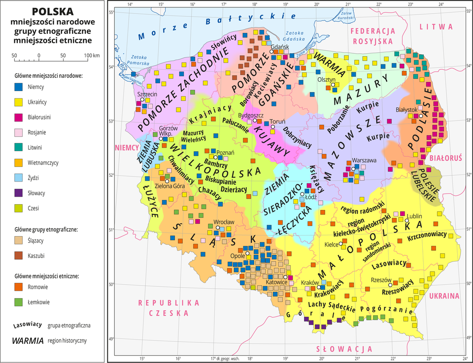 Ilustracja przedstawia mapę Polski z podziałem na województwa. Na mapie oznaczono i opisano miasta wojewódzkie. Na mapie za pomocą kolorów przedstawiono regiony historyczne, które opisano. Za pomocą kolorowych sygnatur przedstawiono występowanie mniejszości narodowych i grup etnograficznych. Opisano nazwy grup etnograficznych. Główne mniejszości narodowe: Niemcy, Ukraińcy, Białorusini, Rosjanie, Litwini, Wietnamczycy, Żydzi, Słowacy, Czesi.Główne grupy etniczne: Ślązacy, Kaszubi, Romowie, Łemkowie. Dookoła mapy w białej ramce opisano współrzędne geograficzne co jeden stopień. W legendzie mapy objaśniono kolory użyte na mapie.