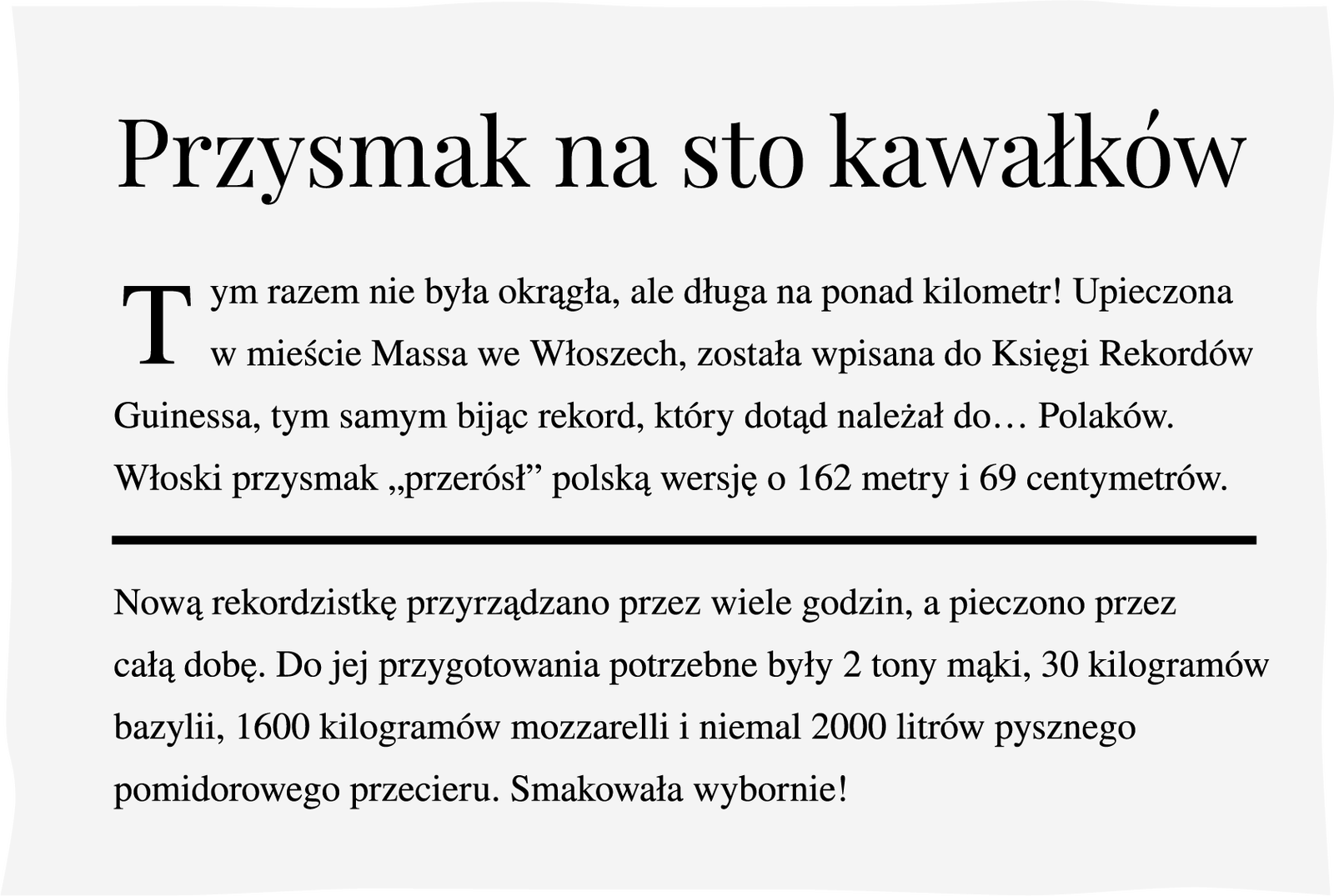 Wycinek z gazety na temat rekordowej pizzy Źródło: Contentplus.pl sp. z o.o., licencja: CC BY 3.0.