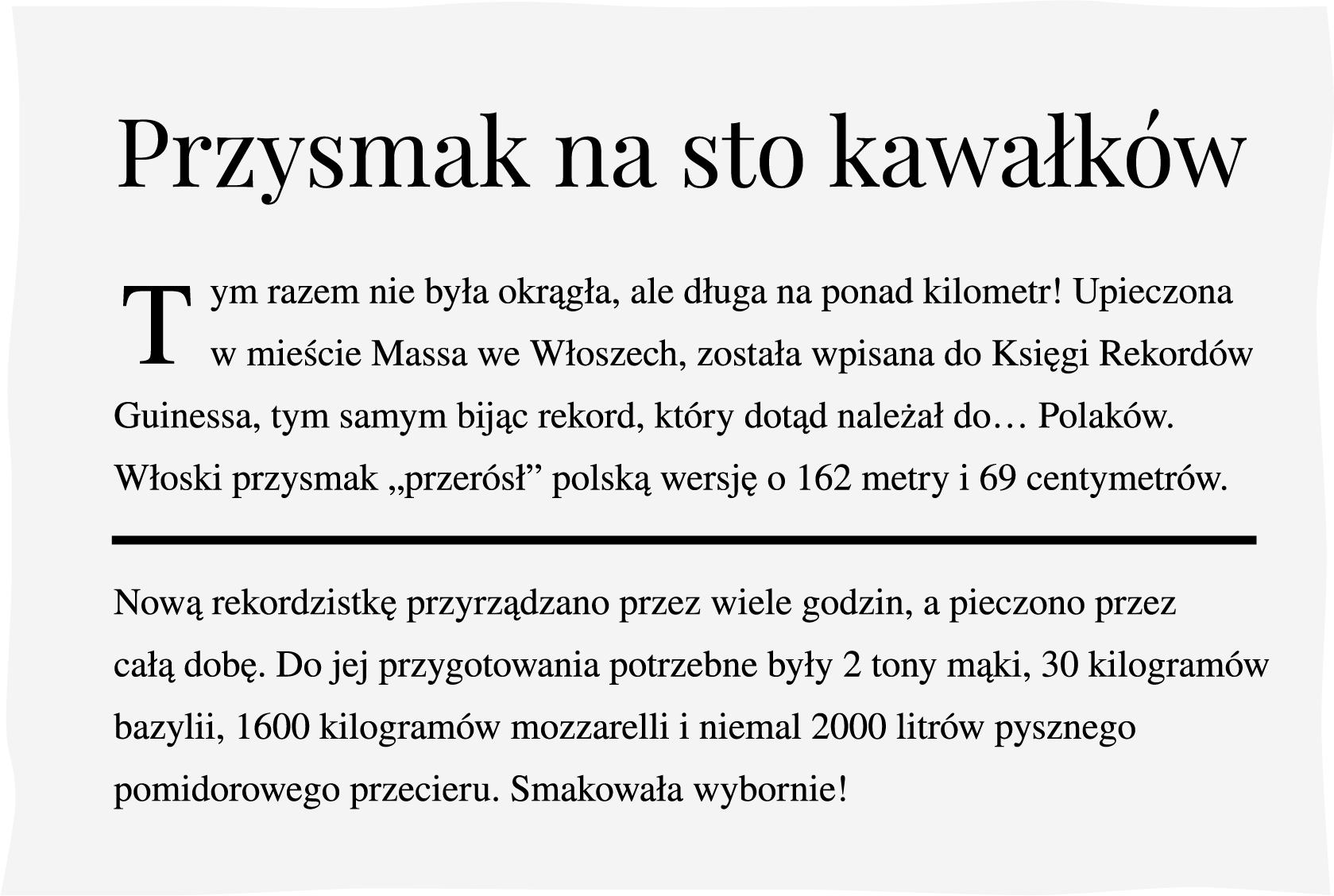 Wycinek z gazety na temat rekordowej pizzy Źródło: Contentplus.pl sp. z o.o., licencja: CC BY 3.0.