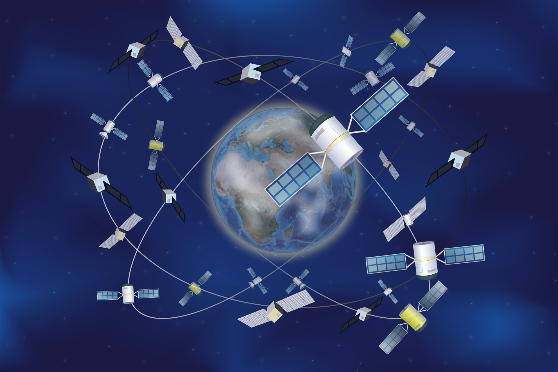 Ilustracja przedstawia planowane rozmieszczenie satelitów systemu Galileo. Tło niebiesko-granatowe, cieniowane. W środku ilustracja Ziemi. Wokół Ziemi, białymi i szarymi liniami narysowano elipsy – orbity. Na elipsach, w różnych miejscach, umieszczono satelity. Jest ich około 30.