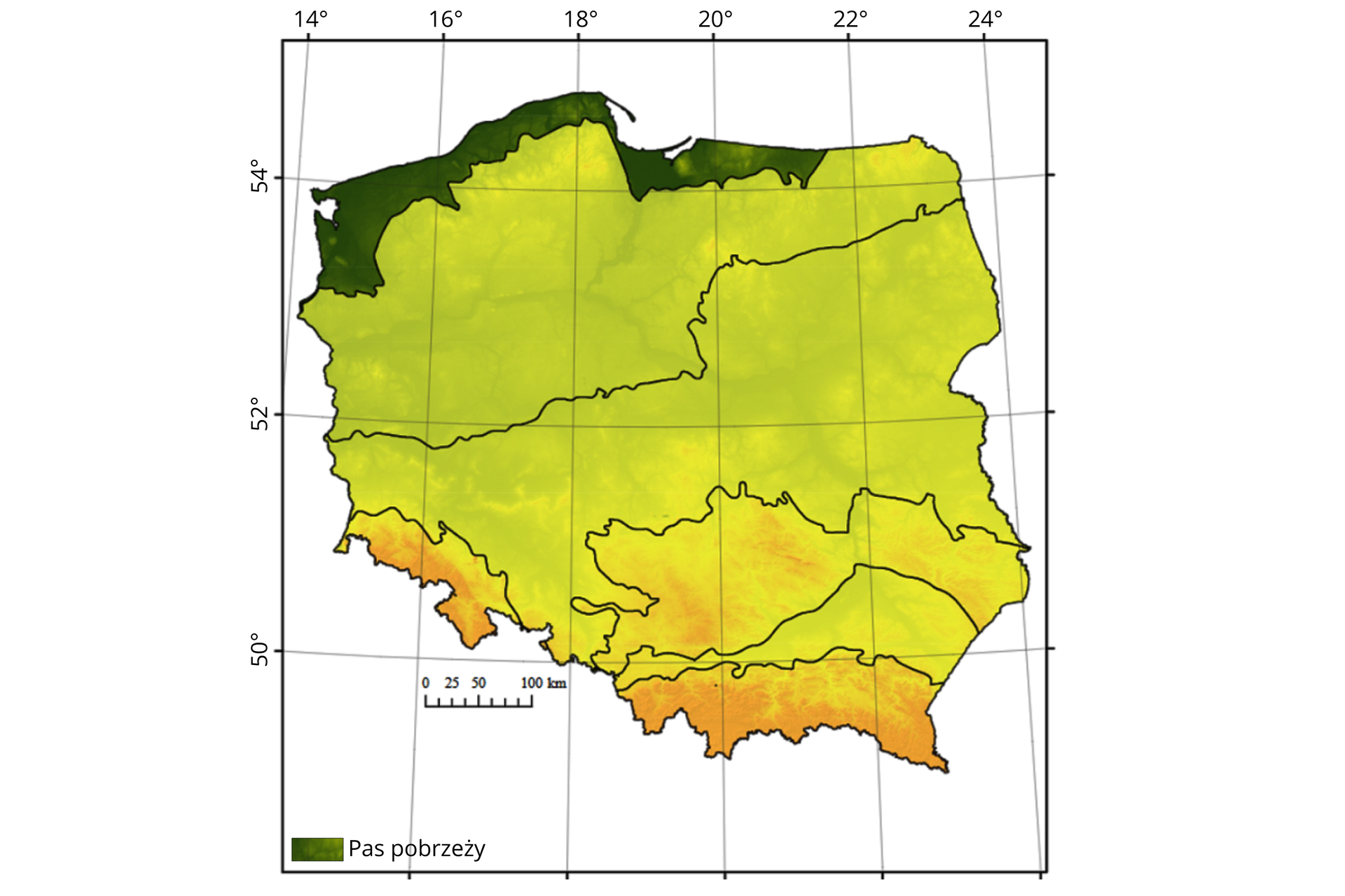 Grafika przedstawia mapę Polski, na której oznaczono pasy geomorfologiczne. Kolorem zielonym oznaczono pas, który położony jest wzdłuż polskiego wybrzeża Bałtyku i granicy z Rosją (Obwód Kaliningradzki). Ciągnie się od Zatoki Kilońskiej po Kanał Mazurski.