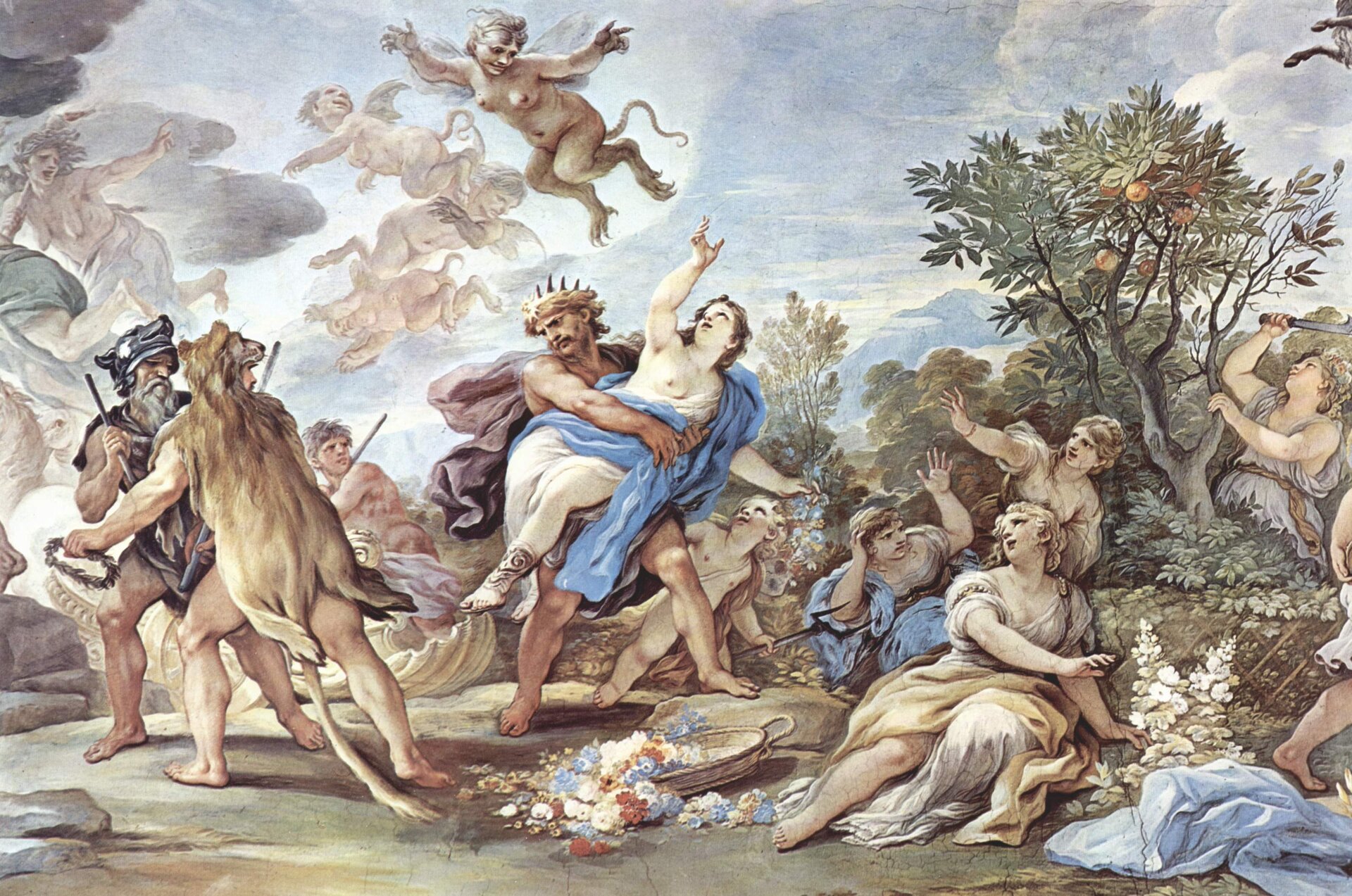 Porwanie Prozerpiny (gr. Persefony) Źródło: Luca Giordano, Porwanie Prozerpiny (gr. Persefony), 1684–1686, fresk, Palazzo Medici-Riccardi, Florencja, domena publiczna.
