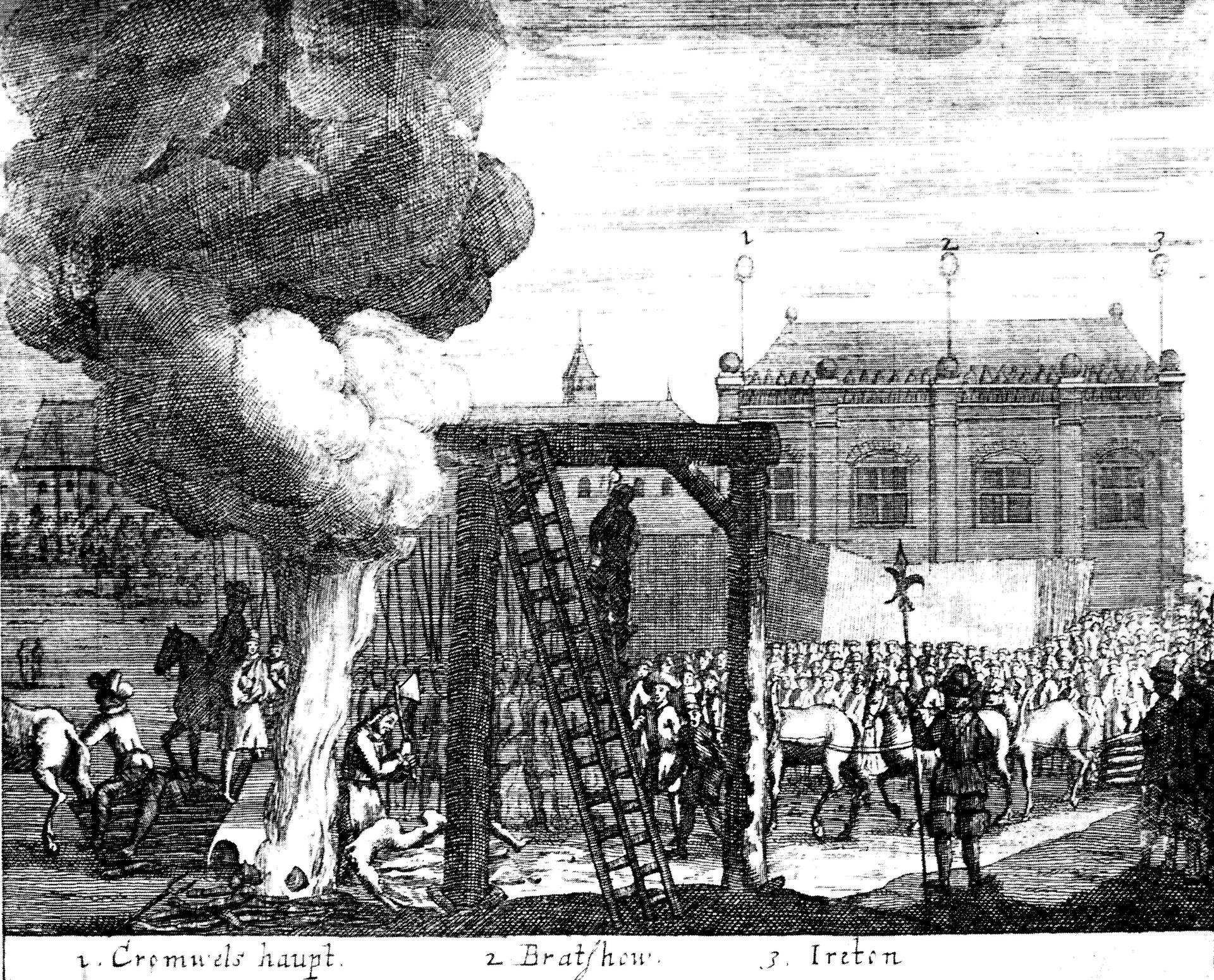 Symboliczna egzekucja Cromwella w 1661 r. – pod płonącym stosem napis „głowa Cromwella” Symboliczna egzekucja Cromwella w 1661 r. – pod płonącym stosem napis „głowa Cromwella” Źródło: domena publiczna.