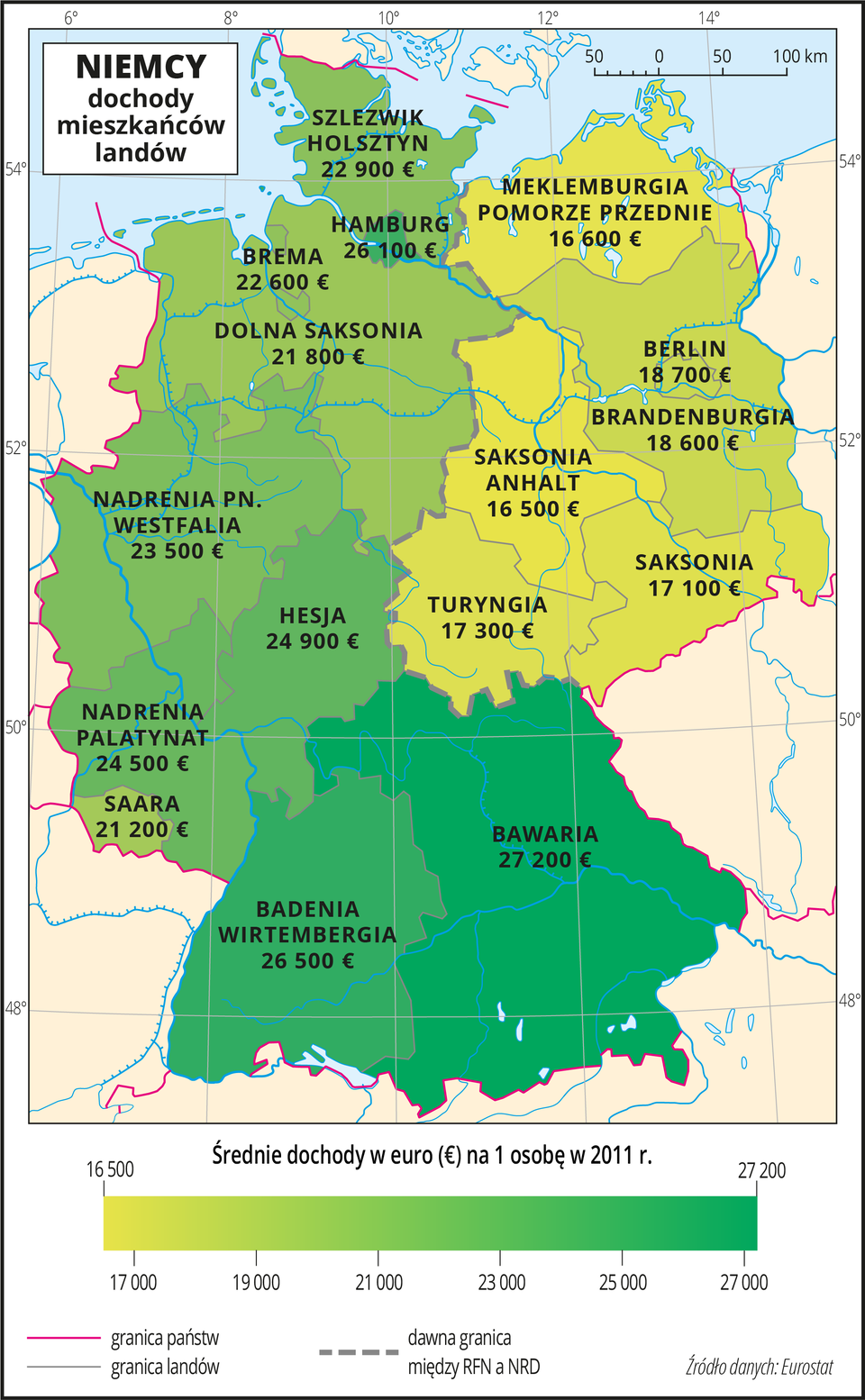 Ilustracja przedstawia mapę Niemiec z podziałem na landy. Wody zaznaczono kolorem niebieskim. Na mapie przedstawiono granice państw i landów oraz dawną granicę między RFN a NRD.Na mapie za pomocą kolorów (odcienie koloru zielonego) przedstawiono średnie dochody w euro na jedną osobę w dwa tysiące jedenastym roku. Opisano nazwy landów i kwoty w euro. Kolor ciemnozielony występuje na południu i zachodzie(najciemniejszym kolorem oznaczono Bawarię i Hamburg), kolory jaśniejsze występują na północnym- wschodzie, rozdziela je wyraźnie linia obrazująca dawną granicę między RFN a NRD. Mapa pokryta jest równoleżnikami i południkami. Dookoła mapy w białej ramce opisano współrzędne geograficzne co dwa stopnie.Na dole mapy w legendzie wyjaśniono znaki użyte na mapie – granice oraz opisano zielony pasek w postaci gradientu od szesnastu i pół tysiąca euro na jedną osobę (najjaśniejszy) do dwudziestu siedmiu tysięcy dwustu euro na osobę (kolor ciemnozielony).
