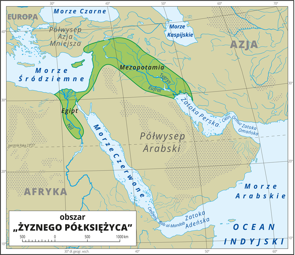 Ilustracja przedstawia obszar „żyznego półksiężyca”, czyli pas ziemi, ciągnący się od Egiptu poprzez Palestynę i Syrię po Mezopotamię. Oznaczono go kolorem zielonym. Mapa pokryta jest równoleżnikami i południkami. Dookoła mapy w białej ramce opisano współrzędne geograficzne co dziesięć stopni.