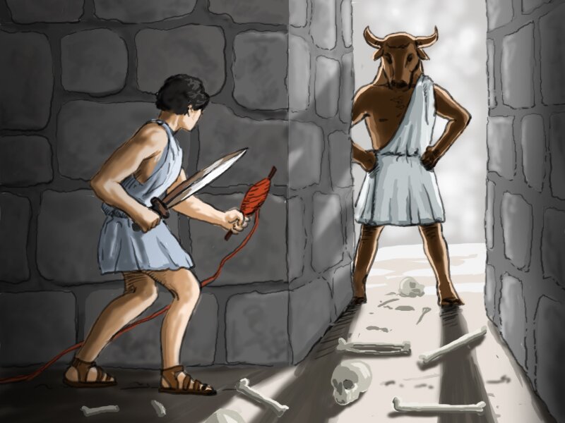 Ilustracja przedstawiająca mitycznego bohatera Tezeusza przy wejściu do labiryntu wraz z potworem Minotaurem Ilustracja przedstawiająca mitycznego bohatera Tezeusza przy wejściu do labiryntu wraz z potworem Minotaurem Źródło: Scholaris.pl.