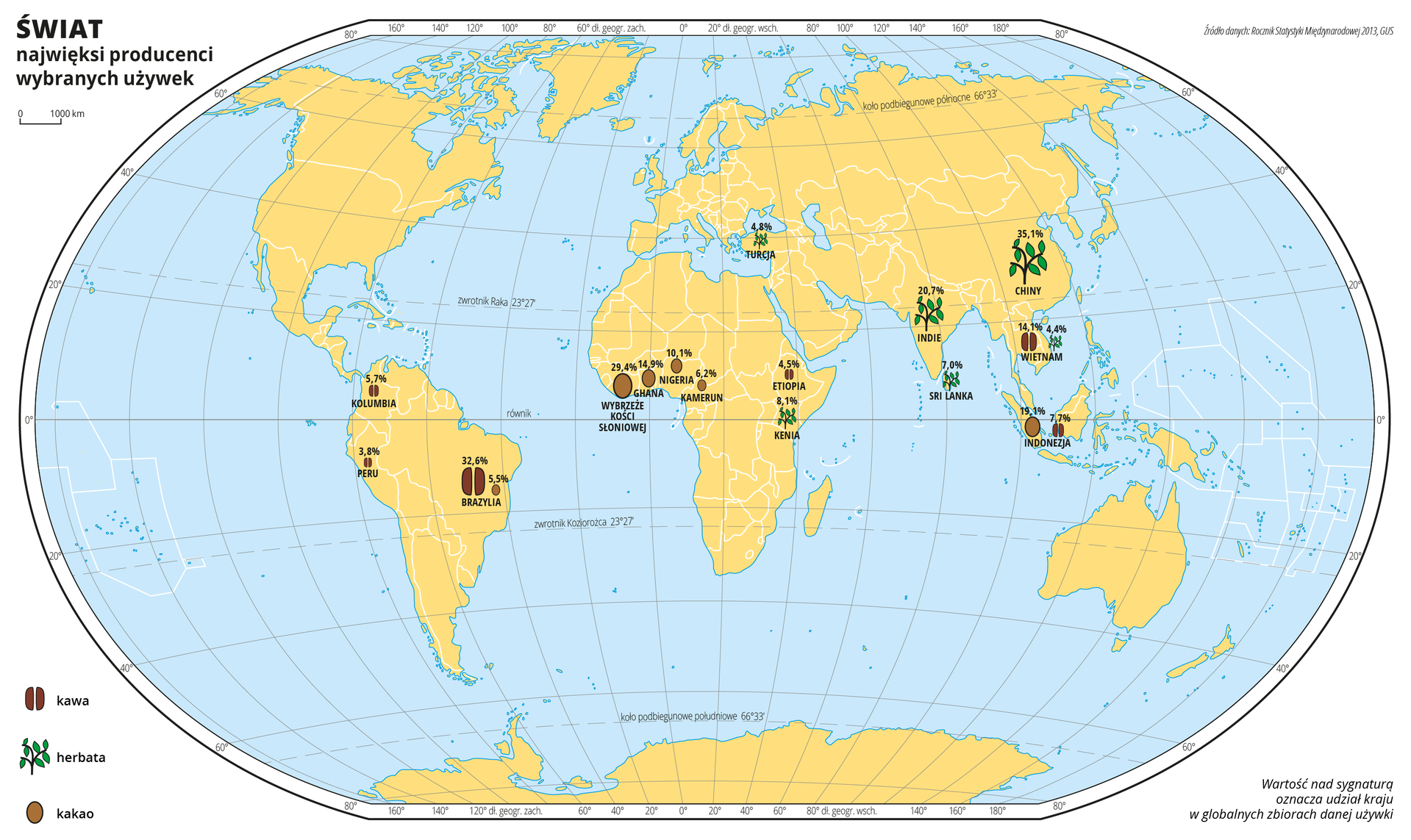 Ilustracja przedstawia mapę świata. Wody zaznaczono kolorem niebieskim. Na mapie za pomocą sygnatur zaznaczono największych producentów używek: kawy, herbaty i kakao. Nad sygnaturami zapisano liczbę oznaczającą udział kraju w globalnych zbiorach danej używki.Największa ilość sygnatur znajduje się na obszarach położonych wzdłuż równika i w południowych Indiach i Chinach. Mapa pokryta jest równoleżnikami i południkami. Dookoła mapy w białej ramce opisano współrzędne geograficzne co dwadzieścia stopni.Po lewej stronie mapy opisano znaki użyte na mapie.