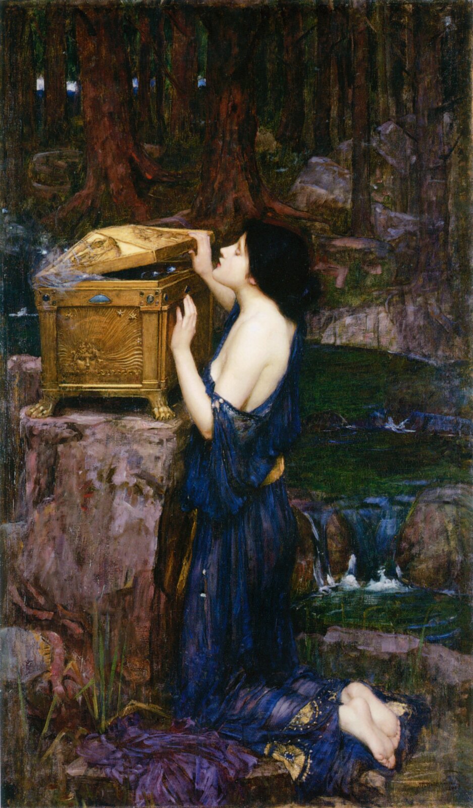Pandora otwiera puszkę Źródło: John William Waterhouse, Pandora otwiera puszkę, 1896, olej na płótnie, kolekcja prywatna, domena publiczna.