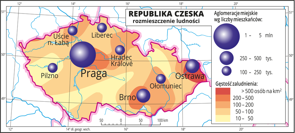 Ilustracja przedstawia mapę Republiki Czeskiej. Na mapie przedstawiono rozmieszczenie ludności. Kolorami od żółtego do czerwonego przedstawiono gęstość zaludnienia. Plamy rozkładają się nieregularnie, wokół miast kolor pomarańczowy i czerwony oznaczający dużą gęstość zaludnienia, nawet powyżej pięciuset osób na kilometr kwadratowy. Na mapie różnej wielkości sygnatury (koła) obrazujące aglomeracje miejskie wg liczby mieszkańców: Praga – od jednego miliona do pięciu milionów mieszkańców. Brno, Ostrawa od dwustu pięćdziesięciu do pięciuset tysięcy mieszkańców. Kilka mniejszych sygnatur poniżej dwustu pięćdziesięciu tysięcy mieszkańców. Mapa zawiera południki i równoleżniki, dookoła mapy w białej ramce opisano współrzędne geograficzne.