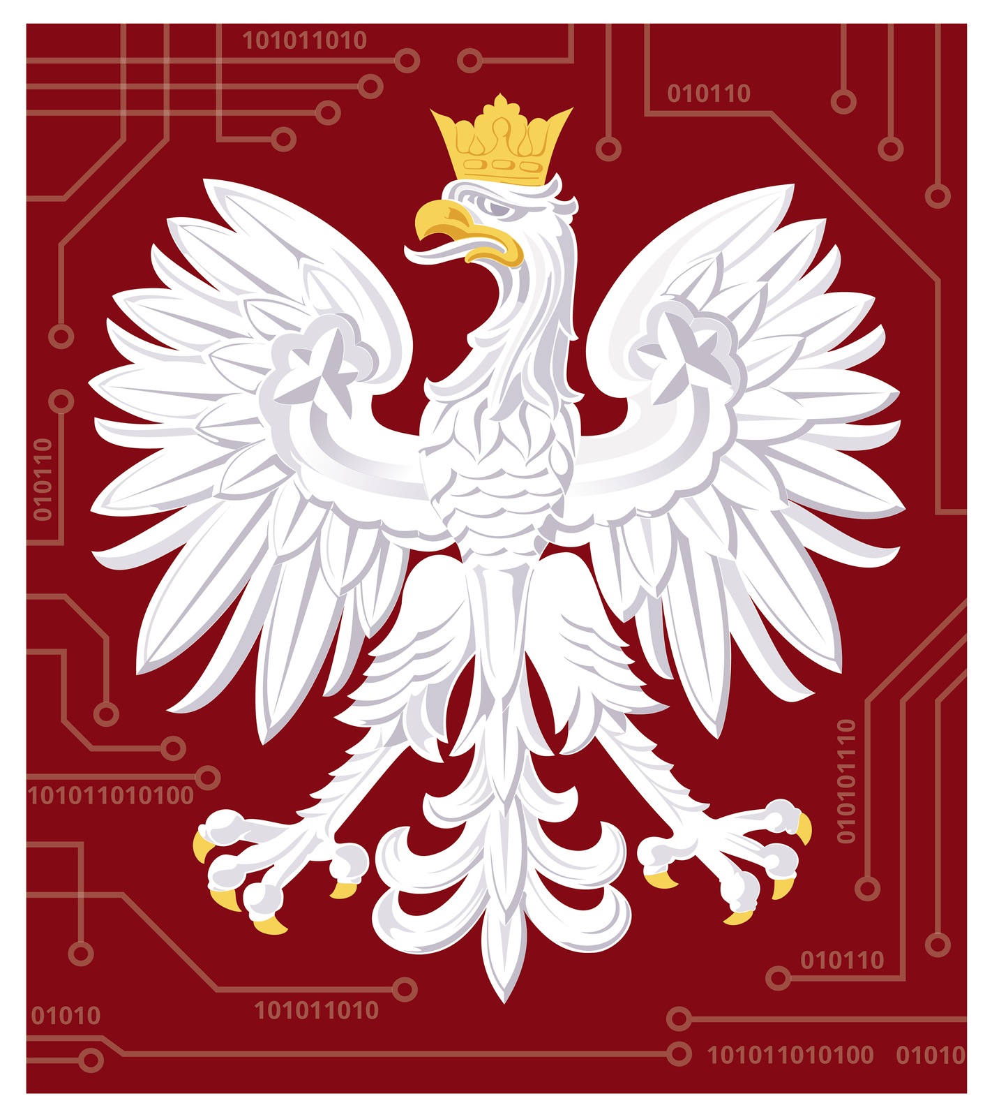 Ilustracja przedstawia Białego Orła ze złotą koroną na głowie. Głowa orła skierowana w prawo. Dziób złoty. Skrzydła rozpostarte. Orzeł na bordowym tle. Wokół liczby zero i jedynki ułożone w poziomych rzędach.
