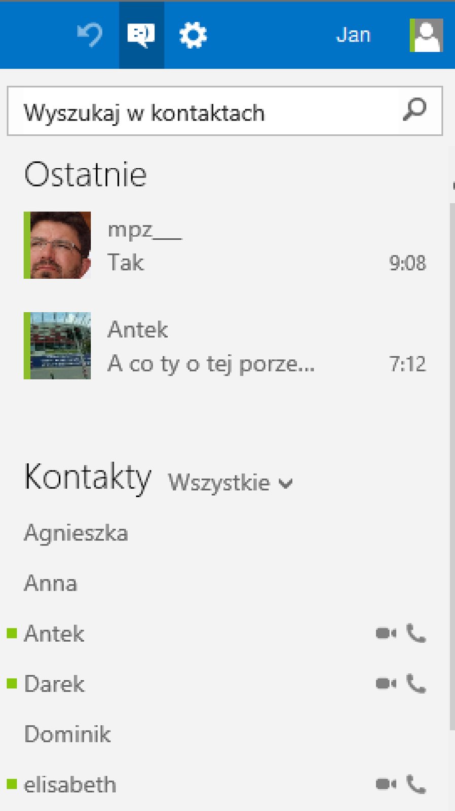 Zrzut okna: Lista kontaktów