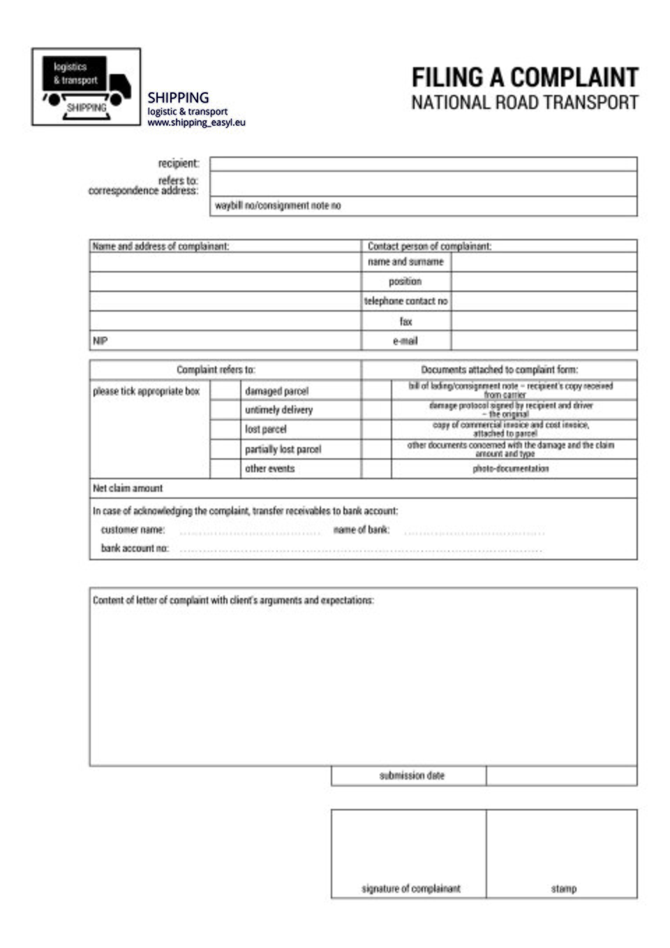 The material presents a template of a national road transport complaint form. Materiał przedstawia wzór dokumentu zgłoszenia reklamacji spedycji drogowej krajowej.