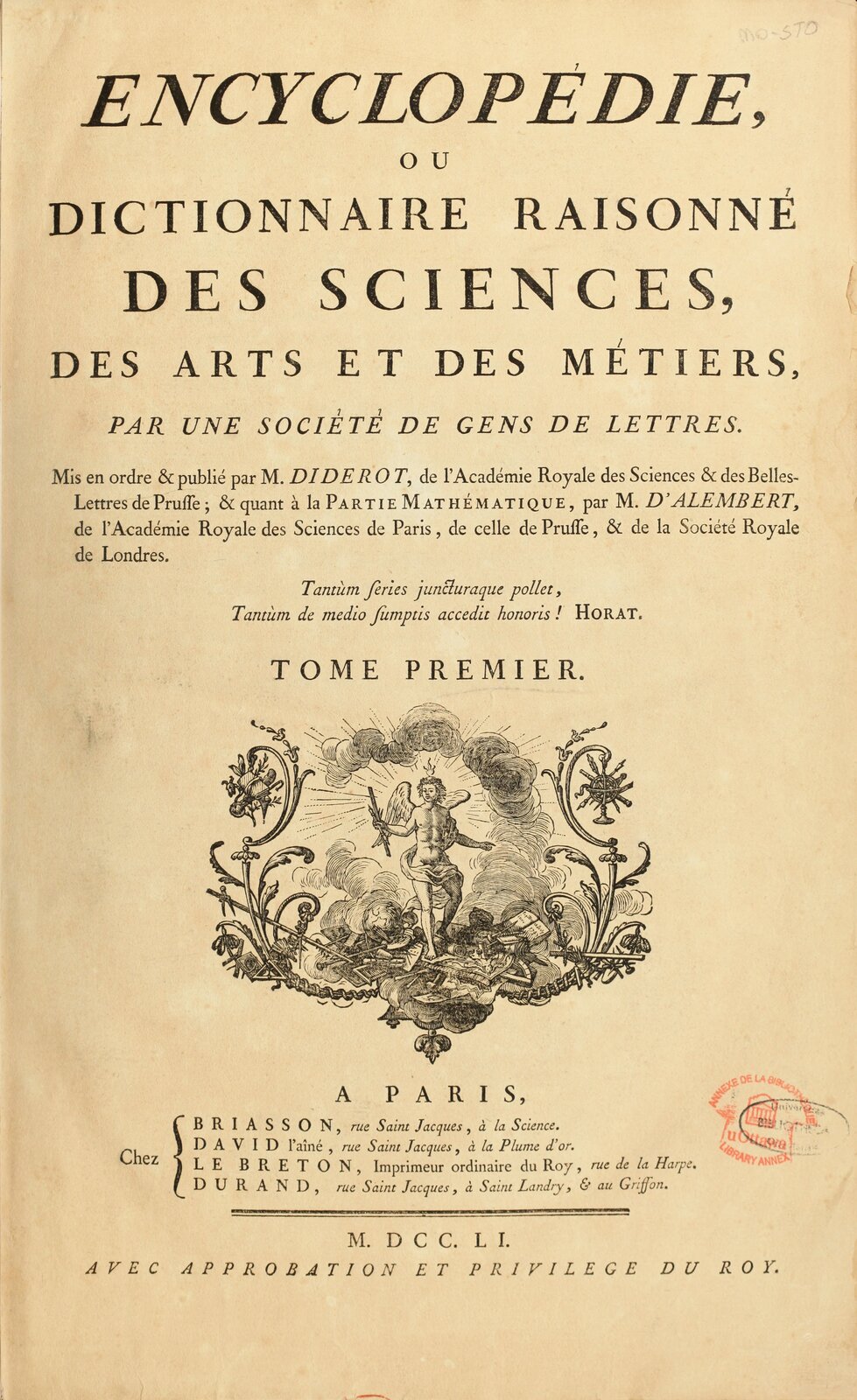 Karta tytułowa I tomu Wielkiej encyklopedii francuskiej Karta tytułowa I tomu Wielkiej encyklopedii francuskiej Źródło: ok. 1751–1772, domena publiczna.