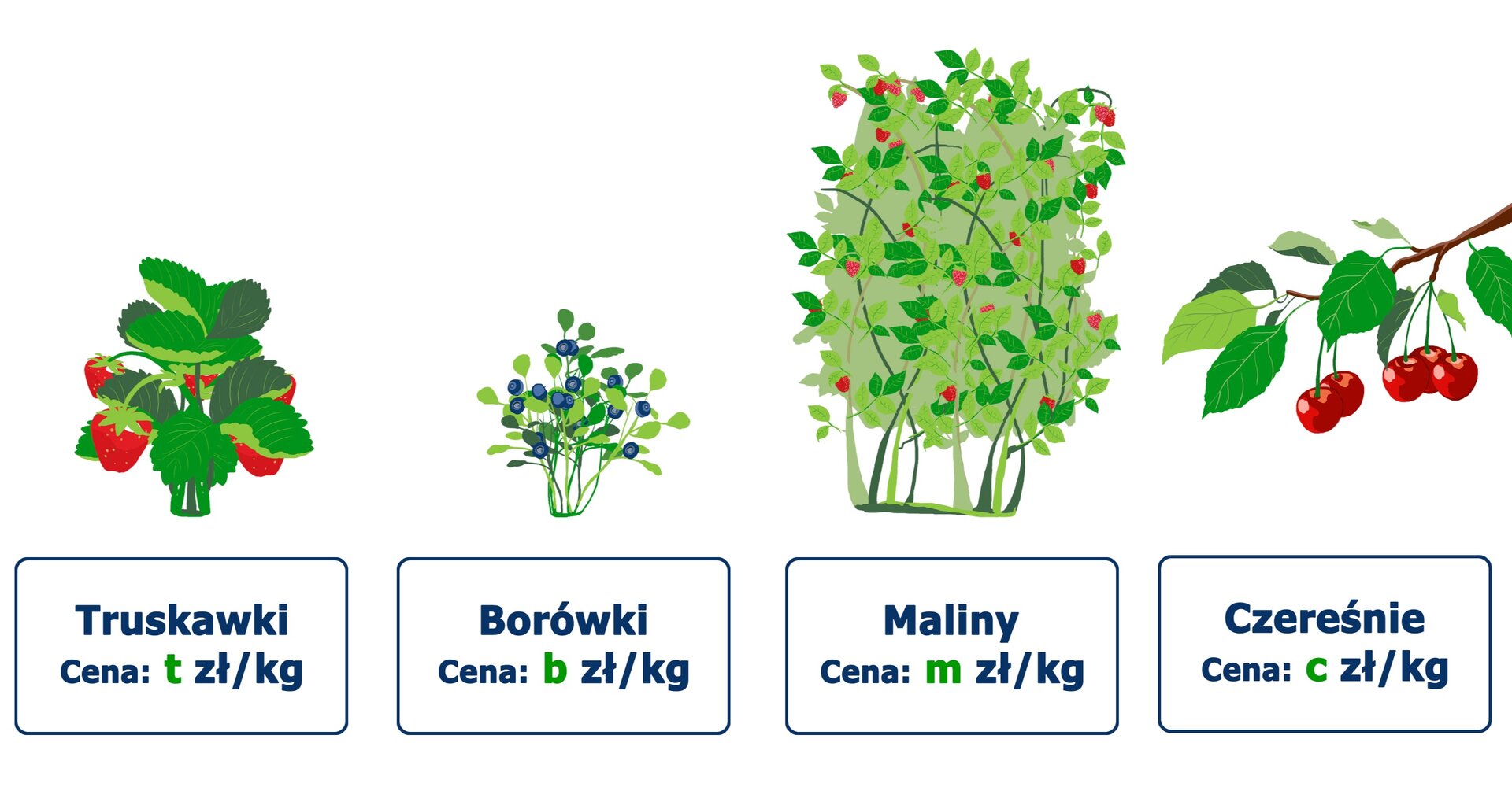 Rysunki owoców: truskawki – cena t zł za kilogram, borówki – cena b zł za kilogram, maliny – cena m zł za kilogram, czereśnie – c zł za kilogram.
