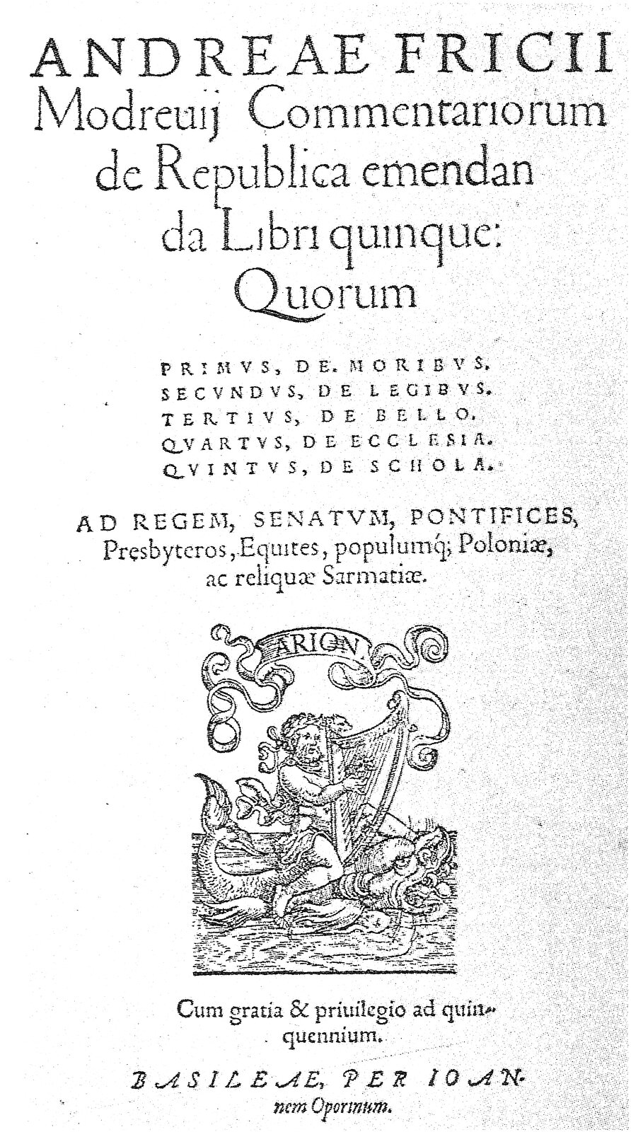 Strona tytułowa pierwszego wydania „De republica emendanda” A.F. Modrzewskiego Źródło: Andrzej Frycz Modrzewski, Strona tytułowa pierwszego wydania „De republica emendanda” A.F. Modrzewskiego, 1554, domena publiczna.