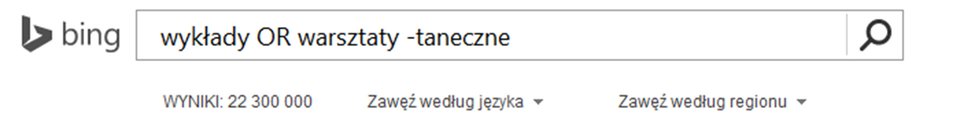 Zrzut paska wyszukiwarki Bing z wpisanymi słowami kluczowymi i znakiem minusa