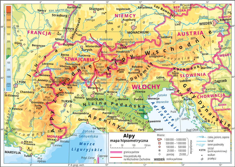 Ilustracja przedstawia mapę hipsometryczną państw Alpejskich – Austria, Francja, Liechtenstein, Monako, Niemcy, Słowenia, Szwajcaria, Włochy. W obrębie lądów występują obszary w kolorze zielonym, żółtym i pomarańczowym. Morza zaznaczono kolorem niebieskim. Na mapie opisano nazwy wysp, półwyspów, nizin, wyżyn i pasm górskich, mórz, zatok, rzek i jezior. Oznaczono i opisano główne miasta. Oznaczono czarnymi kropkami i opisano szczyty górskie. Różową wstążką oznaczono granice państw. Kolorem czerwonym opisano państwa. Mapa pokryta jest równoleżnikami i południkami. Dookoła mapy w białej ramce opisano współrzędne geograficzne co dwa stopnie. W legendzie przedstawiono i opisano znaki użyte na mapie.