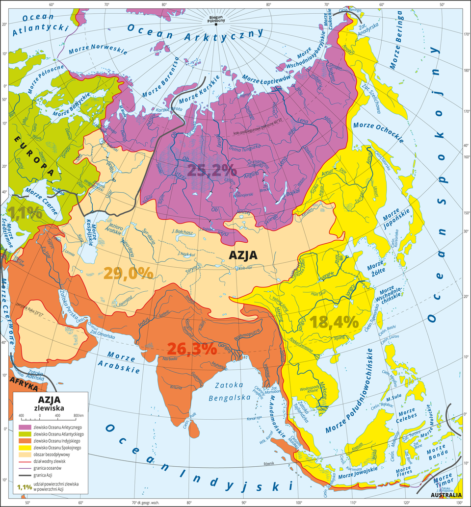 Ilustracja przedstawia mapę Azji. Kolorami przedstawiono zlewisko Oceanu Arktycznego na północy kontynentu (ponad 25 procent), obszar bezodpływowy w środkowej części kontynentu (29 procent), zlewisko Oceanu Indyjskiego na południu (ponad 26 procent), zlewisko Oceanu Spokojnego na wschodzie (ponad 18 procent). Niewielki obszar (około 1 procent) obejmuje zlewisko Oceanu Atlantyckiego, większa część tego zlewiska położona jest na terenie Europy. Na mapie zaznaczono: dział wodny zlewisk, granice oceanów i granice Azji. Mapa pokryta jest równoleżnikami i południkami. Dookoła mapy w białej ramce opisano współrzędne geograficzne co dziesięć stopni. W legendzie umieszczono i opisano kolory użyte na mapie.