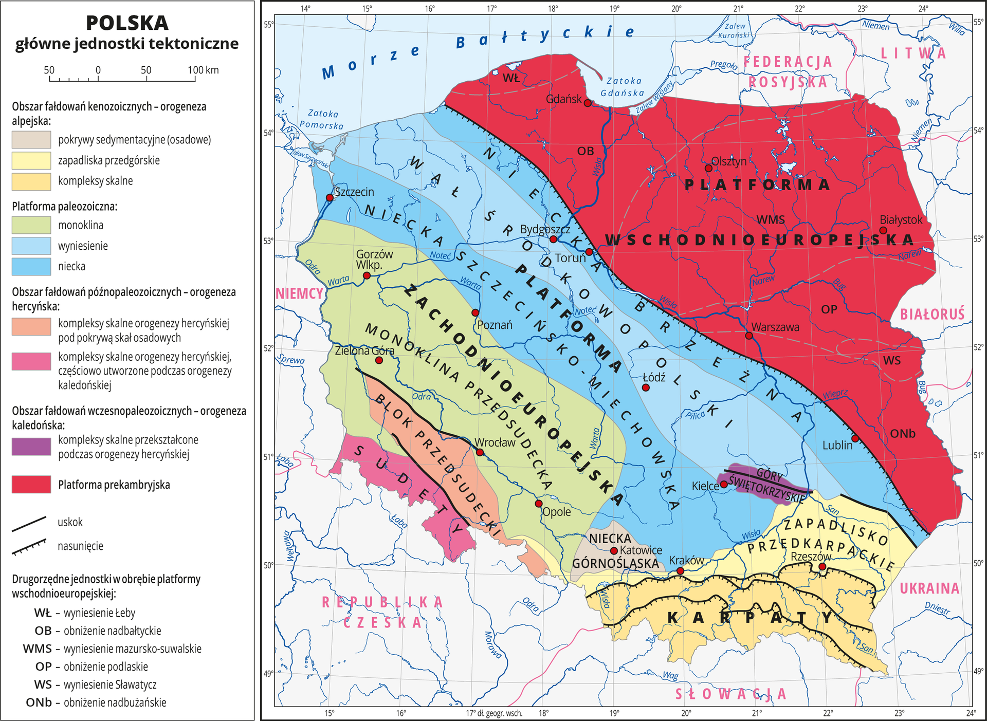 Ilustracja przedstawia mapę Polski. Na mapie kolorami zaznaczono główne jednostki tektoniczne, a liniami – uskoki i nasunięcia. Jednostki tektoniczne układają się pasami przebiegającymi z północnego wschodu na południowy zachód. Wyjątkiem są Karpaty i Zapadlisko Przedkarpackie, które przebiegają równoleżnikowo. Największą część obszaru Polski pokrywa kolor czerwony – platforma prekambryjska na północnym wschodzie. Dalej jest platforma zachodnioeuropejska, blok przedsudecki i Sudety. Na mapie opisano nazwy głównych jednostek tektonicznych i drugorzędnych jednostek w obrębie platformy wschodnioeuropejskiej (obniżenia i wyniesienia). Czerwonymi kropkami zaznaczono miasta wojewódzkie i opisano je. Opisano rzeki. Opisano nazwy państw sąsiadujących. Dookoła mapy w białej ramce opisano współrzędne geograficzne co jeden stopień. Po lewej stronie mapy w legendzie umieszczono w pionie dwanaście kolorowych prostokątów, które opisano nazwami głównych jednostek tektonicznych.