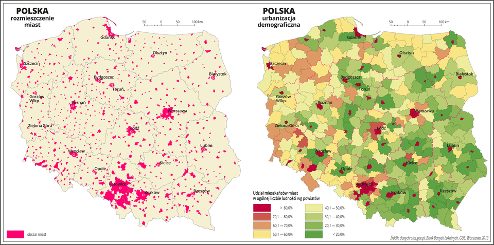 Ilustracja przedstawia dwie mapy Polski. Pierwsza mapa przedstawia rozmieszczenie miast w Polsce. Oznaczono je kolorem czerwonym, zachowując zarysy kształtów miast. Największe skupisko miast występuje w województwie śląskim. Najmniejsza liczba miast występuje w województwach wschodnich i północnych. Na drugiej mapie przedstawiono udział mieszkańców miast w ogólnej liczbie ludności według powiatów. Granice województw zaznaczone są czerwoną linią. Granice powiatów zaznaczone są czarną linią. Odcieniami koloru czerwonego, pomarańczowego i żółtego oznaczono powiaty, w których udział mieszkańców miast w ogólnej liczbie mieszkańców przekracza pięćdziesiąt procent, a odcieniami koloru zielonego przedstawiono powiaty, w których udział ludności miejskiej wynosi poniżej pięćdziesięciu procent. Kolor zielony dominuje w południowej i wschodniej części kraju. Najciemniejszy odcień koloru czerwonego obrazujący ponad osiemdziesięcioprocentowy udział ludności miejskiej występuje w powiatach na prawach miejskich i w przeważającej części województwa śląskiego. Jaśniejsze odcienie koloru czerwonego i kolor pomarańczowy przeważają w województwach zachodnich. Czerwonymi kropkami zaznaczono miasta wojewódzkie. Po lewej stronie mapy na dole w legendzie umieszczono kolorowe prostokąty i opisano udział mieszkańców miast w ogólnej liczbie ludności. Kolory czerwone, pomarańczowe i żółte obrazują powyżej pięćdziesięciu procent, a kolory zielone – poniżej pięćdziesięciu procent.