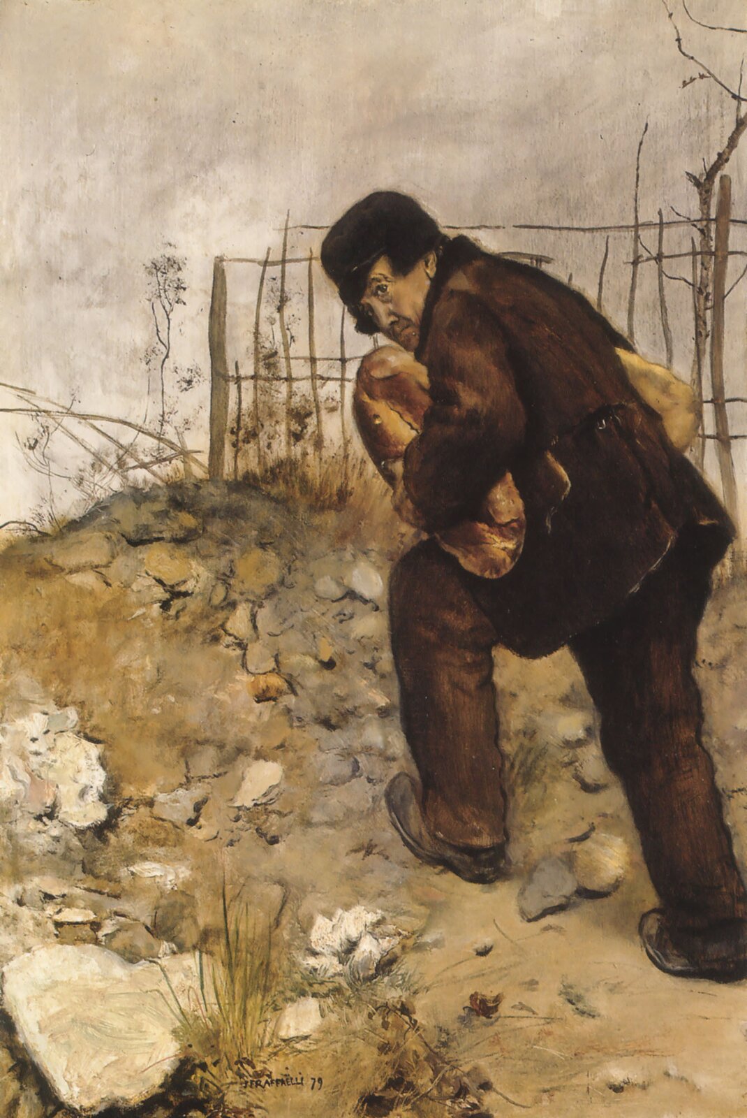 Mężczyzna z dwoma bochenkami chleba Źródło: Jean François Raffaëlli, Mężczyzna z dwoma bochenkami chleba, 1879, olej na płótnie, domena publiczna.