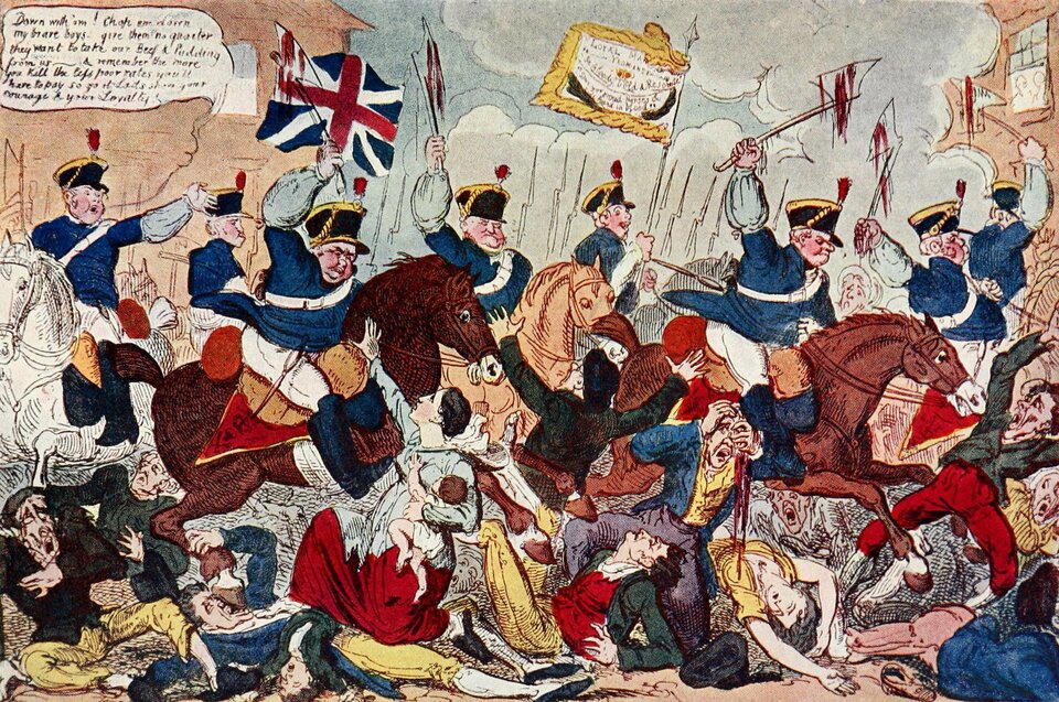 Obraz przedstawia masakrę w Peterloo. Kawaleria brutalnie rozpędza cywili (wśród nich zarówni meżczyżni jak i kobiety).