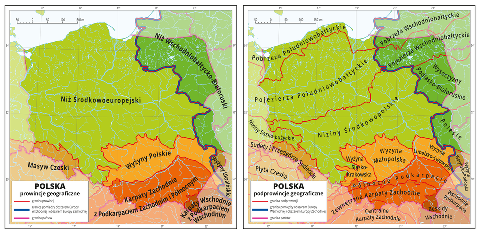 Ilustracja zawiera dwie mapy Polski, pierwsza zawiera prowincje geograficzne, a druga podprowincje geograficzne. Na pierwszej mapie czerwonymi liniami zaznaczono granice między prowincjami geograficznymi, Różnymi odcieniami koloru czerwonego, pomarańczowego i zielonego oznaczono poszczególne prowincje i opisano je: Niż Środkowoeuropejski, Niż Wschodniobałtycko-Białoruski, Masyw Czeski, Wyżyny Polskie, Wyżyny Ukraińskie, Karpaty Zachodnie z Podkarpaciem Zachodnim i Północnym oraz Karpaty Wschodnie z Podkarpaciem Wschodnim. Wszystkie te prowincje obejmują tereny Polski i sięgają poza granice kraju. Największą część mapy zajmuje Niż Środkowoeuropejski obejmujący zachodnią, północno-zachodnią i centralną część Polski oraz Niemcy. Na drugiej mapie różnymi odcieniami koloru czerwonego, pomarańczowego i zielonego oznaczono poszczególne prowincje z pierwszej mapy, a czerwonymi liniami zaznaczono granice między podprowincjami geograficznymi w ramach wydzielonych wcześniej prowincji i opisano je. W obrębie Niżu Środkowoeuropejskiego opisano Pobrzeża Południowobałtyckie i Pojezierza Południowobałtyckie oraz Niziny Środkowopolskie i Niziny Sasko-Łużyckie. W obrębie Wyżyn Polskich opisano Wyżynę Śląsko-Krakowską, Wyżynę Małopolską i Wyżynę Lubelsko-Lwowską. Karpaty Wschodnie i Zachodnie również rozbito na pięć mniejszych podprowincji, które opisano. Niż Wschodniobałtycko-Białoruski obejmuje cztery podprowincje, a w obrębie prowincji Wyżyny Ukraińskie znalazła się podprowincja Wyżyna Wołyńsko-Podolska.